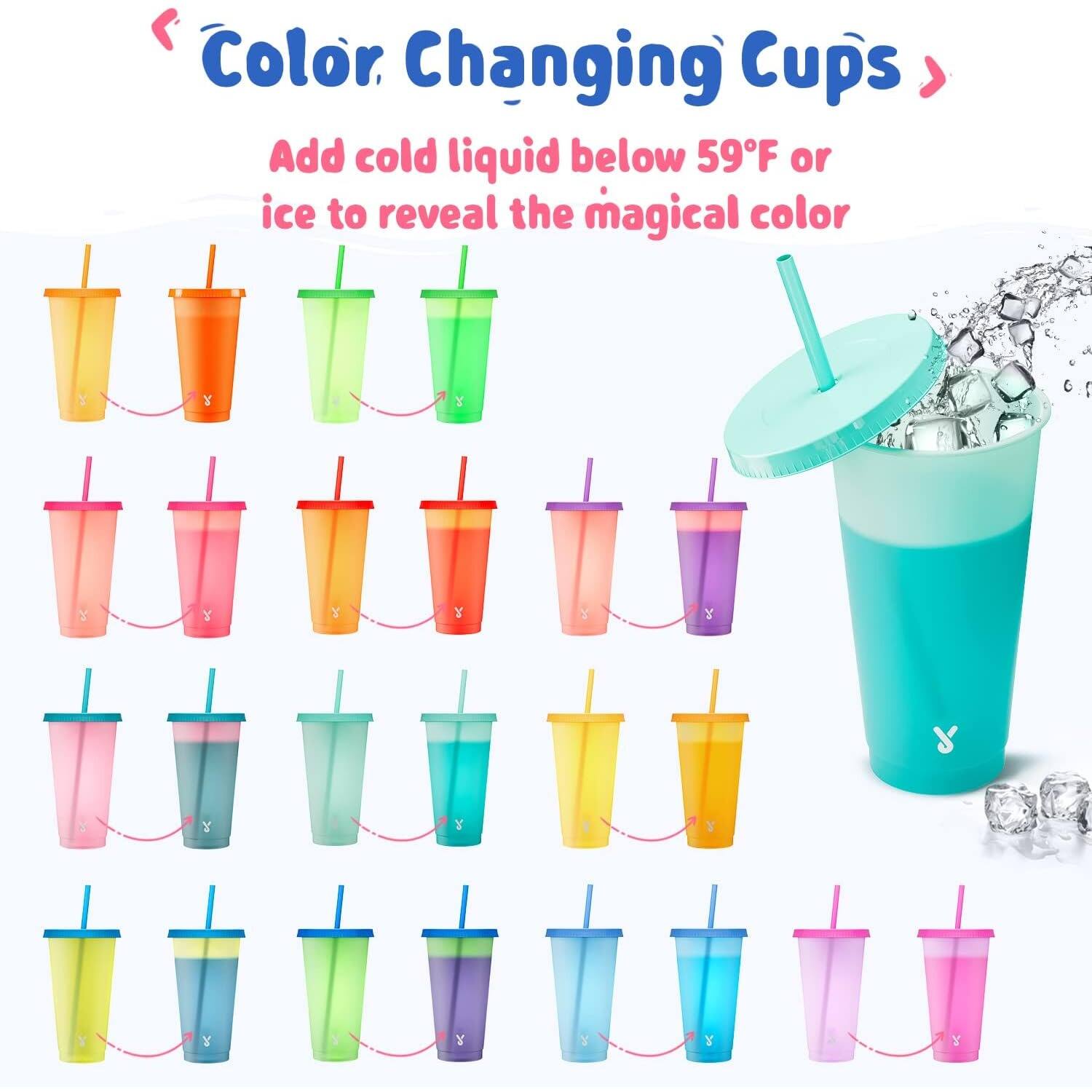 Color Changing Cups

Add cold liquid below 59°F or ice to reveal the magical color.