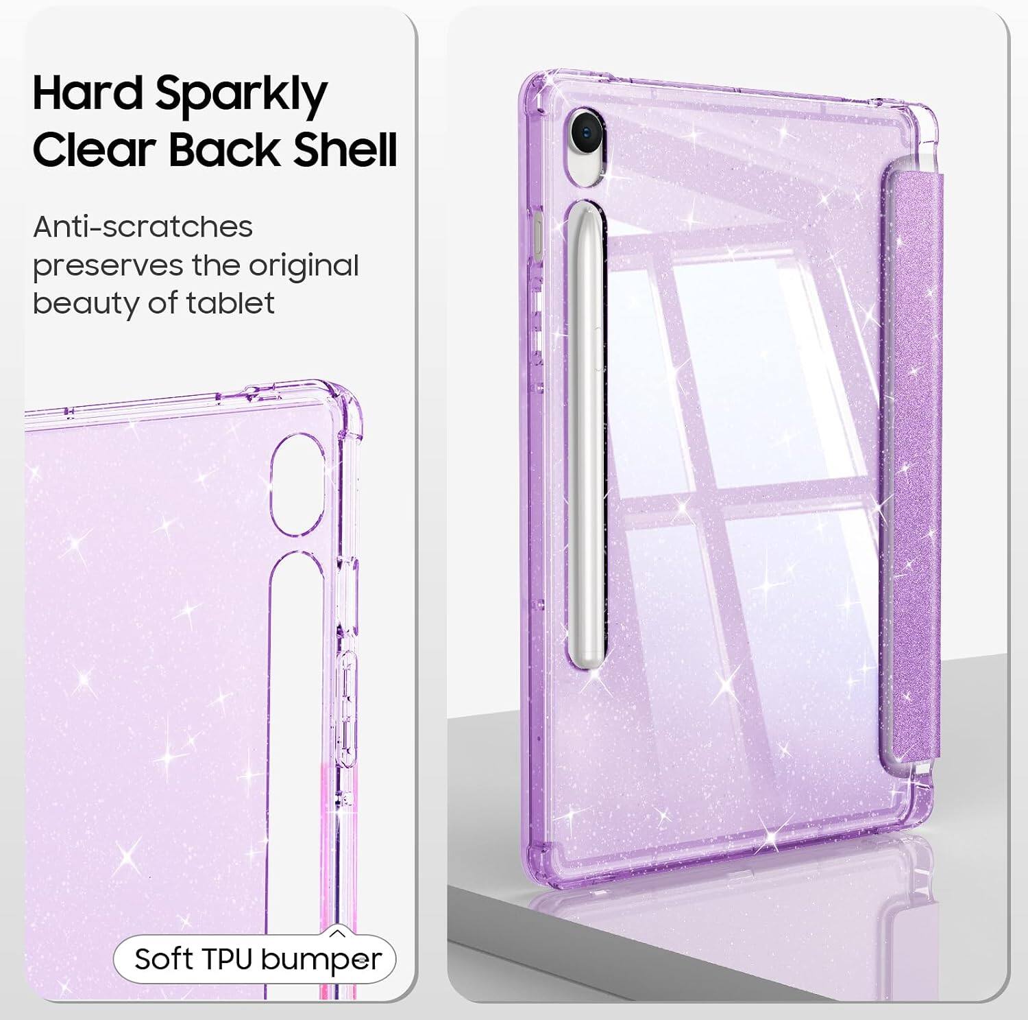 Hard Sparkly Clear Back Shell

Anti-scratches preserves the original beauty of tablet

Soft TPU bumper