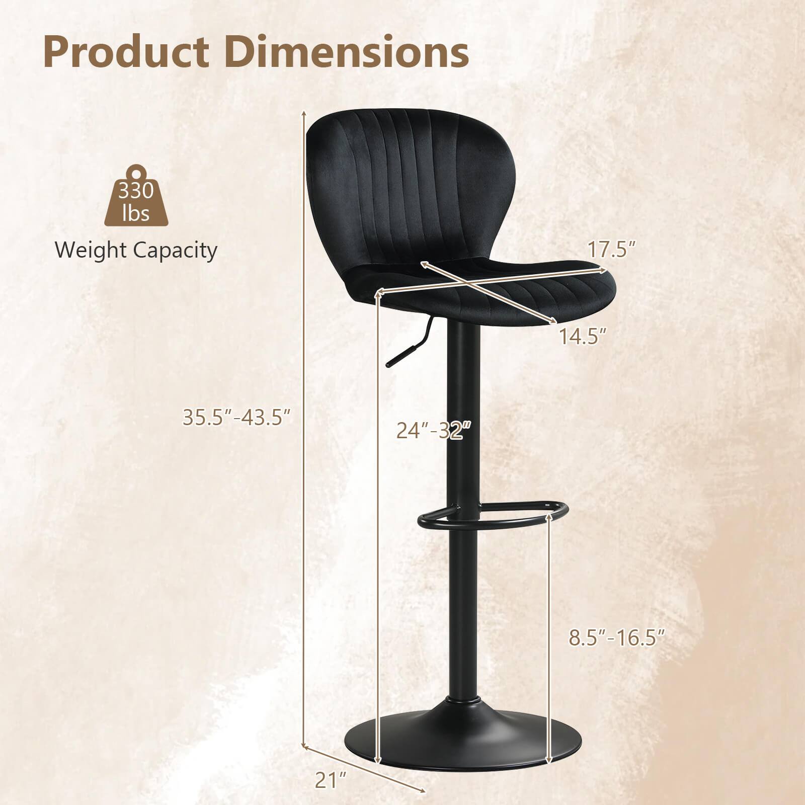 Product Dimensions

330 lbs Weight Capacity

17.5"  
14.5"  
35.5"-43.5"  
24"-32"  
8.5"-16.5"  
21"