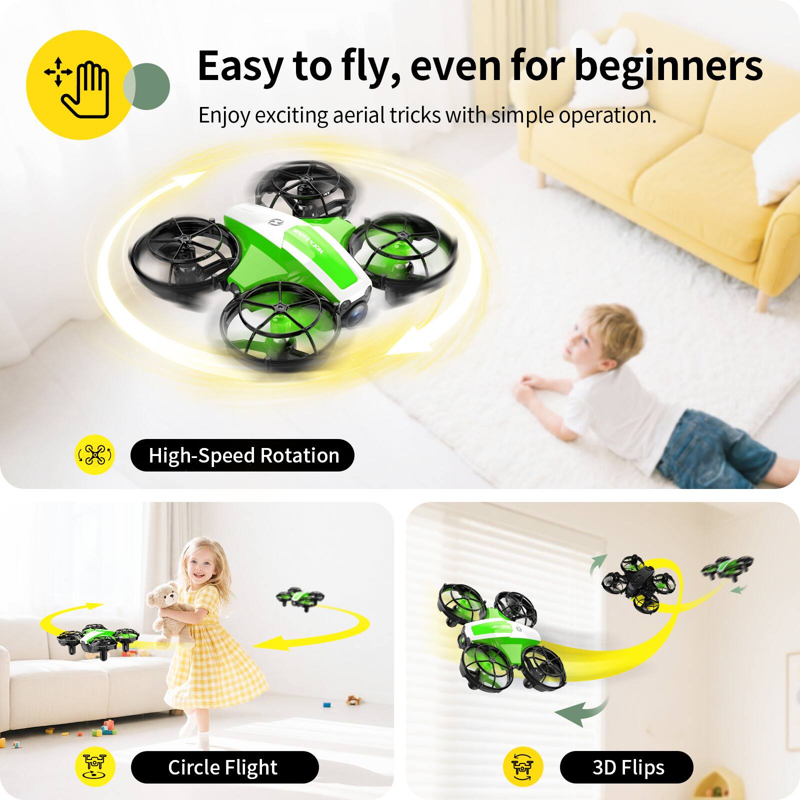 Easy to fly, even for beginners  
Enjoy exciting aerial tricks with simple operation.

HOTA 2015 STONE HOTA

High-Speed Rotation

Circle Flight

3D Flips