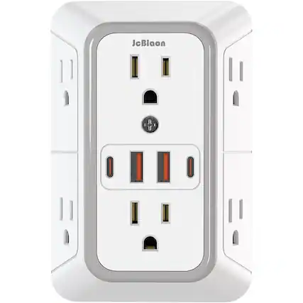 Front. RTMB - 6-Outlet Surge Protector with 4 USB Ports (2 USB-C), Multi-Plug Wall Adapter for Home & Office - White.