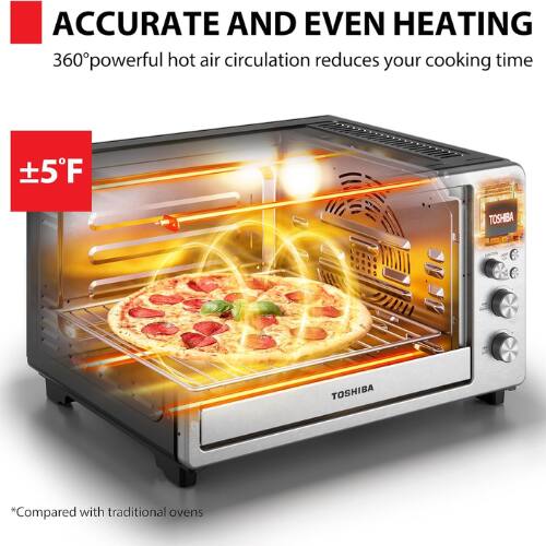 ACCURATE AND EVEN HEATING  
360° powerful hot air circulation reduces your cooking time  
±5°F  
TOSHIBA  
*Compared with traditional ovens