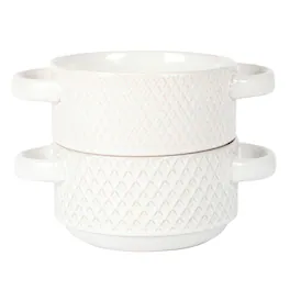 Gibson - Elite Earlhart 2 Piece 6 Inch Ribbed Stoneware Soup Bowl Set with Handles - White