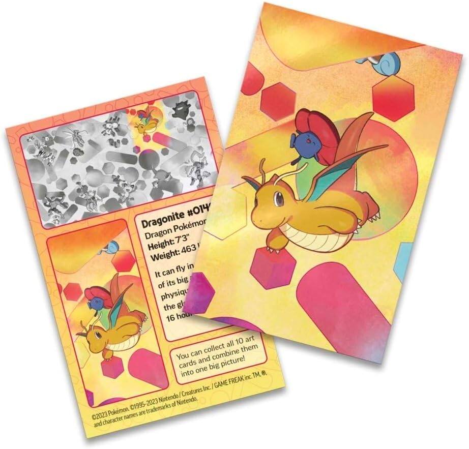 #014 Dragonite  
Dragon Pokémon  
Height: 7'3"  
Weight: 463 lbs  
It can fly in the sky for 16 hours!  

You can collect all 10 art cards and combine them into one big picture!  

©2023 Pokémon. ©1995-2023 Nintendo/Creatures Inc./GAME FREAK inc. TM.  
Pokémon and character names are trademarks of Nintendo.