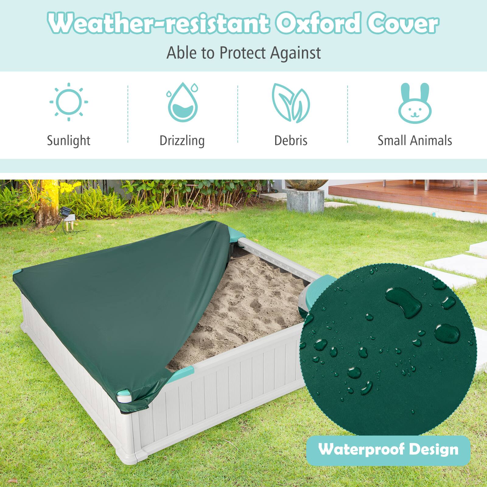 Weather-resistant Oxford Cover  
Able to Protect Against  
Sunlight  
Drizzling  
Debris  
Small Animals  
Waterproof Design