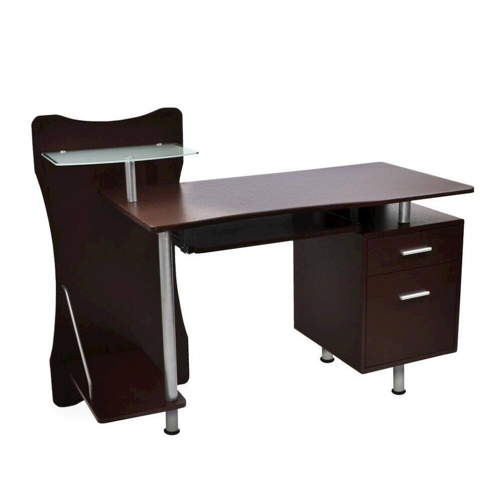 Left. FurniFact - Chocolate Brown Wood Desk With 2 Drawers - Brown.
