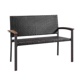 Pefilos - Outdoor Patio Rattan Wicker Bench with Armrest for Garden, Outdoor Bench for Park, Porch, Patio and Backyard - Brown