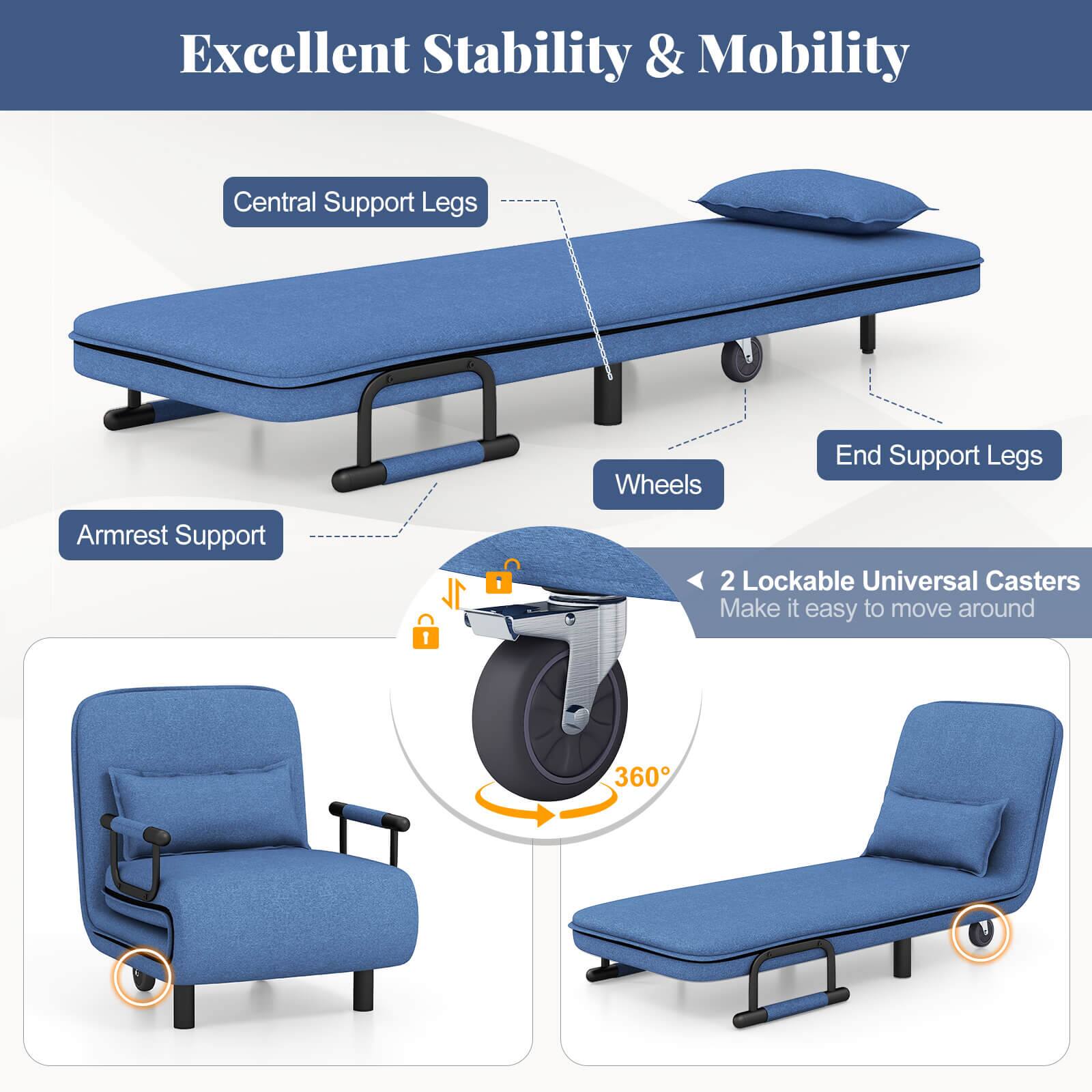 Excellent Stability & Mobility

- Central Support Legs
- Wheels
- End Support Legs
- Armrest Support

2 Lockable Universal Casters
Make it easy to move around

360°