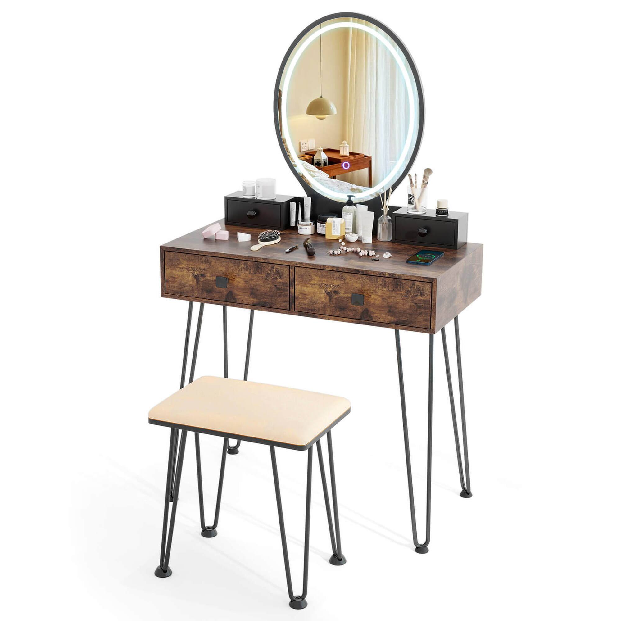 Front. Costway - Costway Industrial Vanity Makeup Dressing Table Padded Stool Set 3-Color Lighted Mirror - Natural,Black.