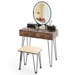Costway - Industrial Vanity Makeup Dressing Table Padded Stool Set 3-Color Lighted Mirror - Natural,Black