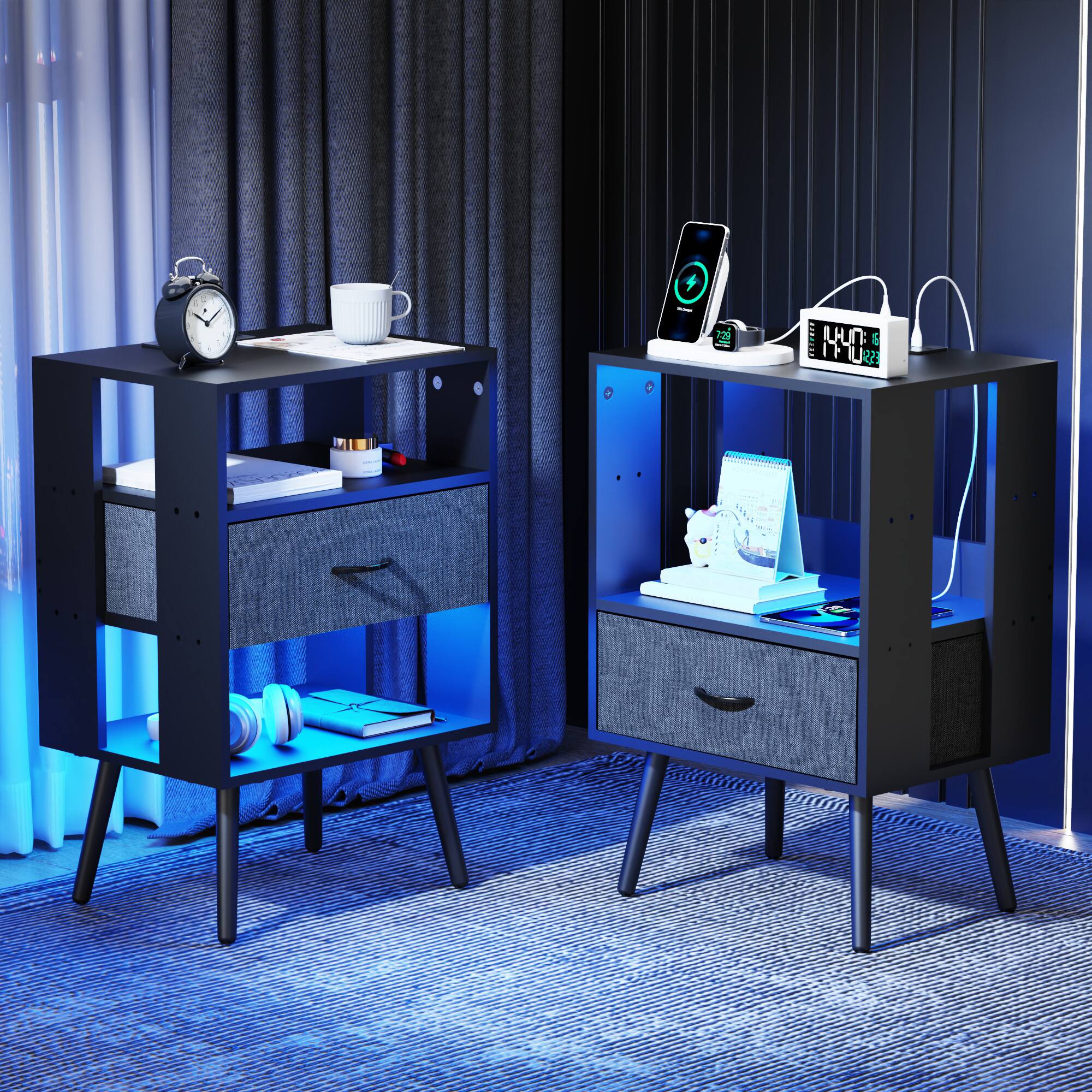 Alt View 1. Ecooso - 2-Pack Modern Nightstand with Charging Station, LED Light, Fabric Drawers - Black.
