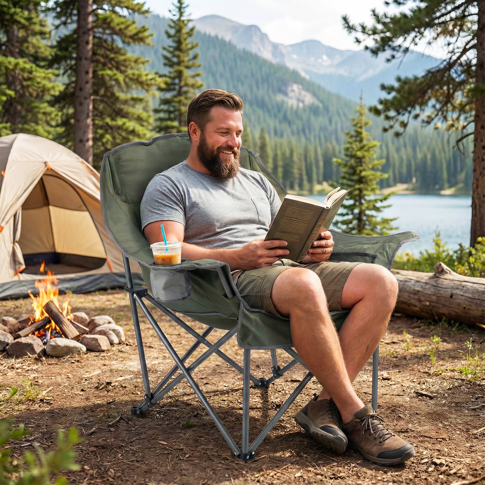 Alt View 1. Costway - Costway Oversized Camping Chair Folding Upholstered Oxford Chair with Side Pockets - Green.