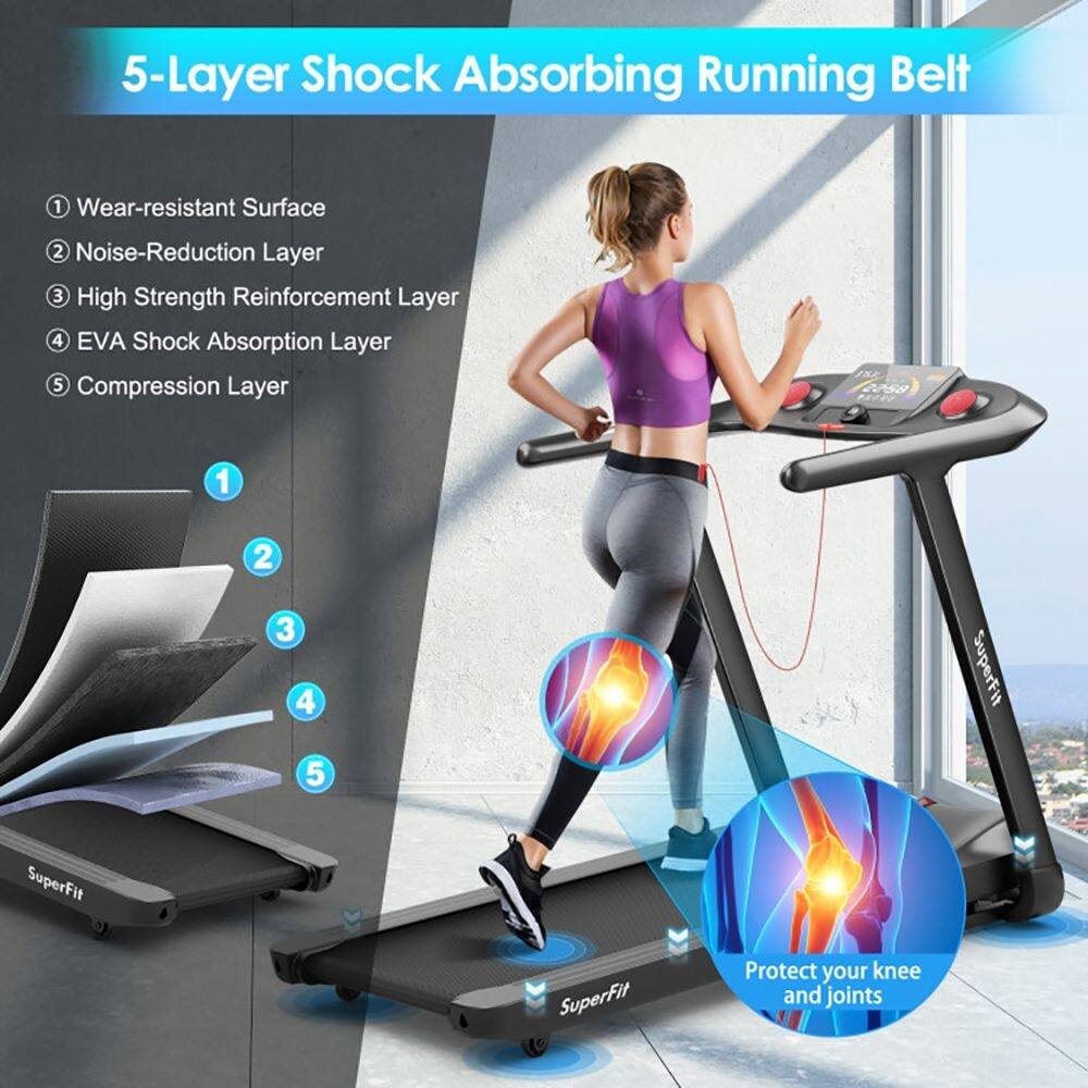 5-Layer Shock Absorbing Running Belt

1. Wear-resistant Surface
2. Noise-Reduction Layer
3. High Strength Reinforcement Layer
4. EVA Shock Absorption Layer
5. Compression Layer

SuperFit

Protect your knee and joints