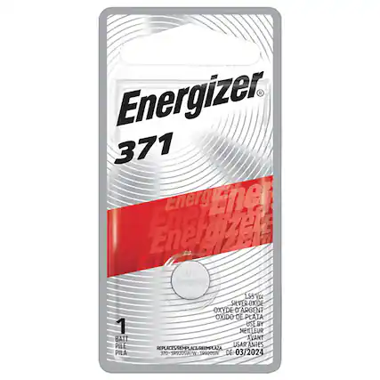 Energizer 371
1 BATT PILE PILA 1.55Vcc
SILVER OXIDE OXYDE D'ARGENT OXIDO DE PLATA
USE BY MEILLEUR AVANT USAR ANTES
REPLACES/REMPLACE/REEMPLAZA 370-SR920SW/W-IR9GOSW
370 DE 03/2024