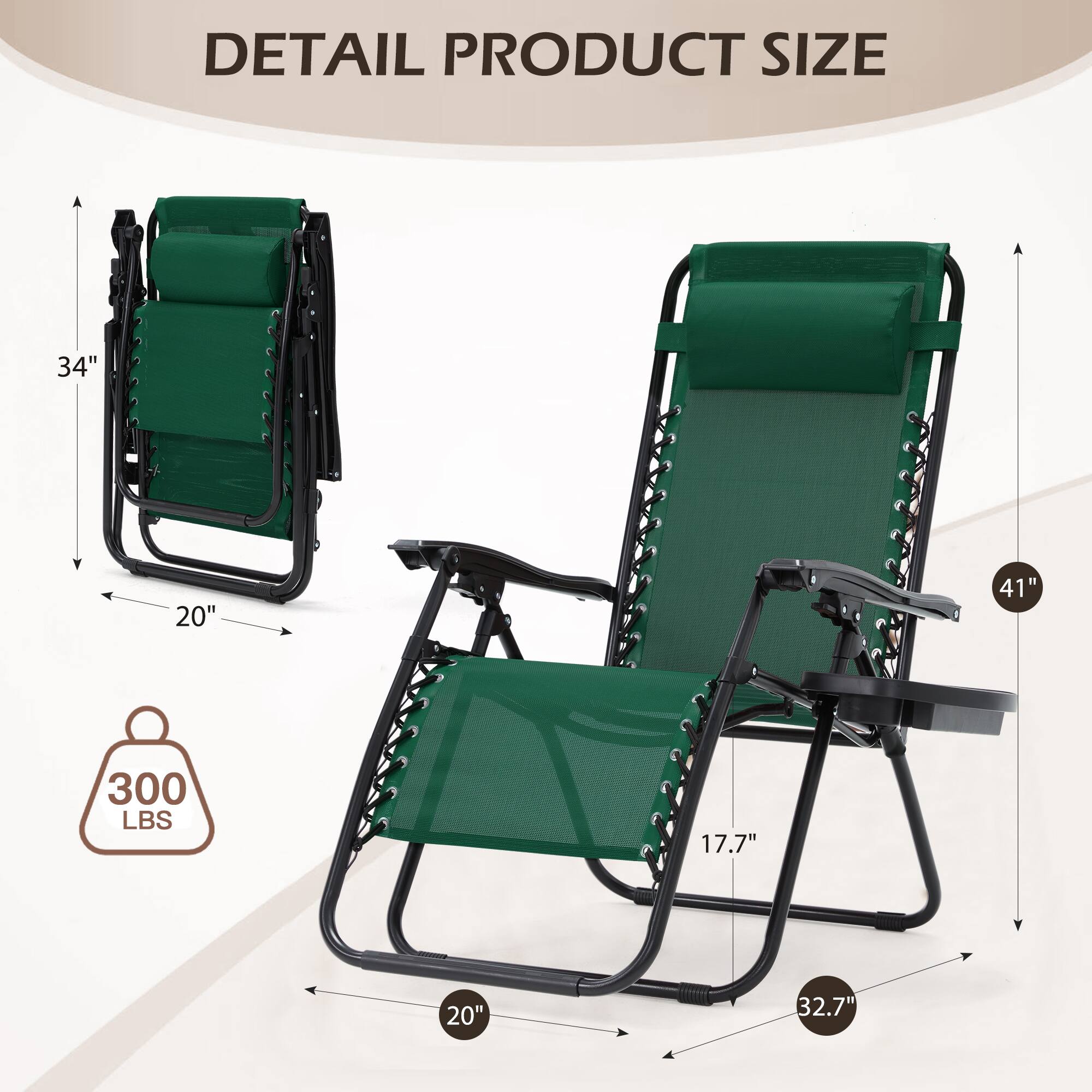 DETAIL PRODUCT SIZE

- Height: 34"
- Width: 20"
- Depth: 41"
- Seat Height: 17.7"
- Seat Width: 20"
- Seat Depth: 32.7"
- Weight Capacity: 300 LBS