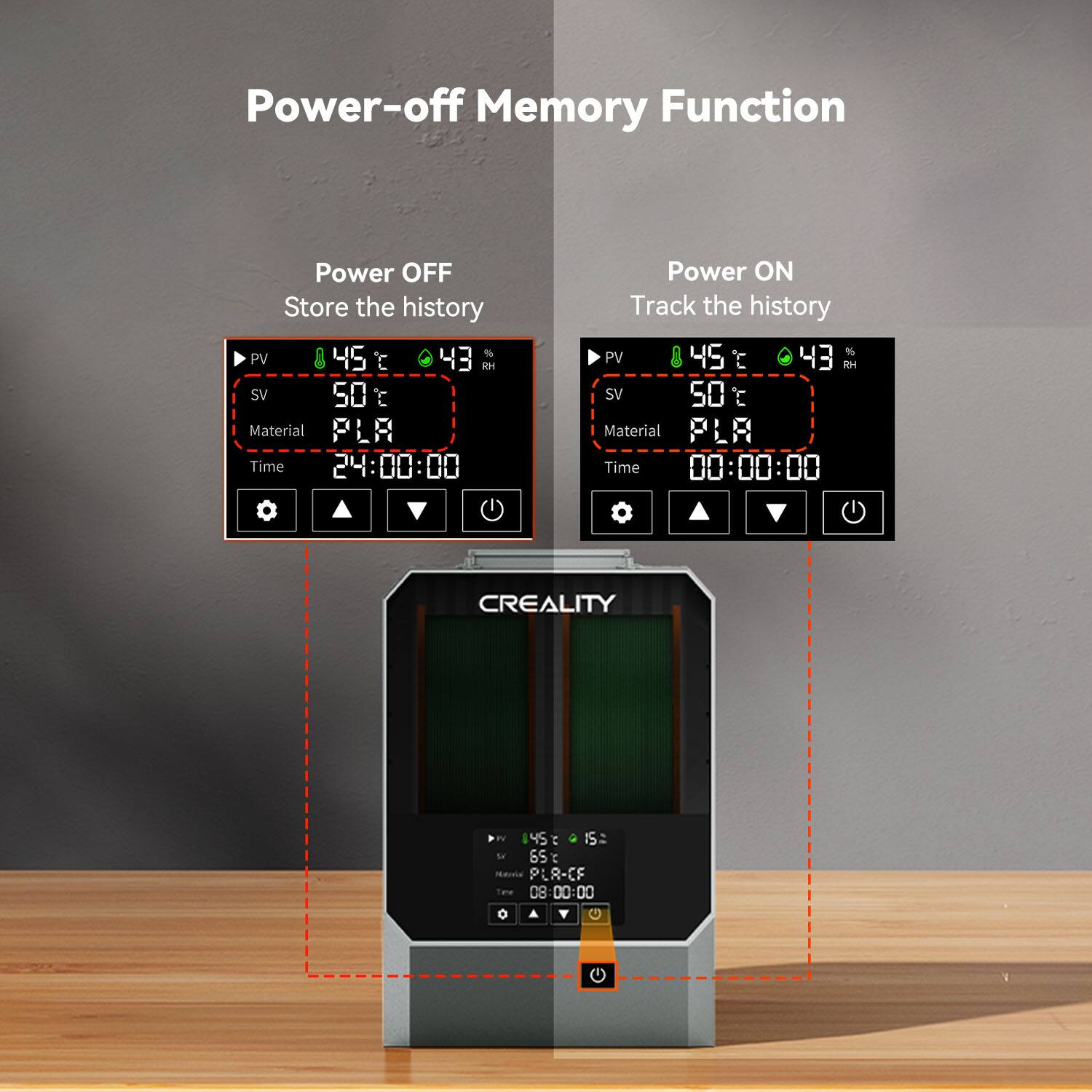 Power-off Memory Function Power OFF Store the history N PV 45 C 43 RH SV 50  Material Time 24:00:00 0 Power ON Track the history - PV 45  43 H SV 50 t Material PLA Time 00:00:00 CREALITY tV 145 I IS: to 65  Madiaa PL8-CF THN 08 08:00:00