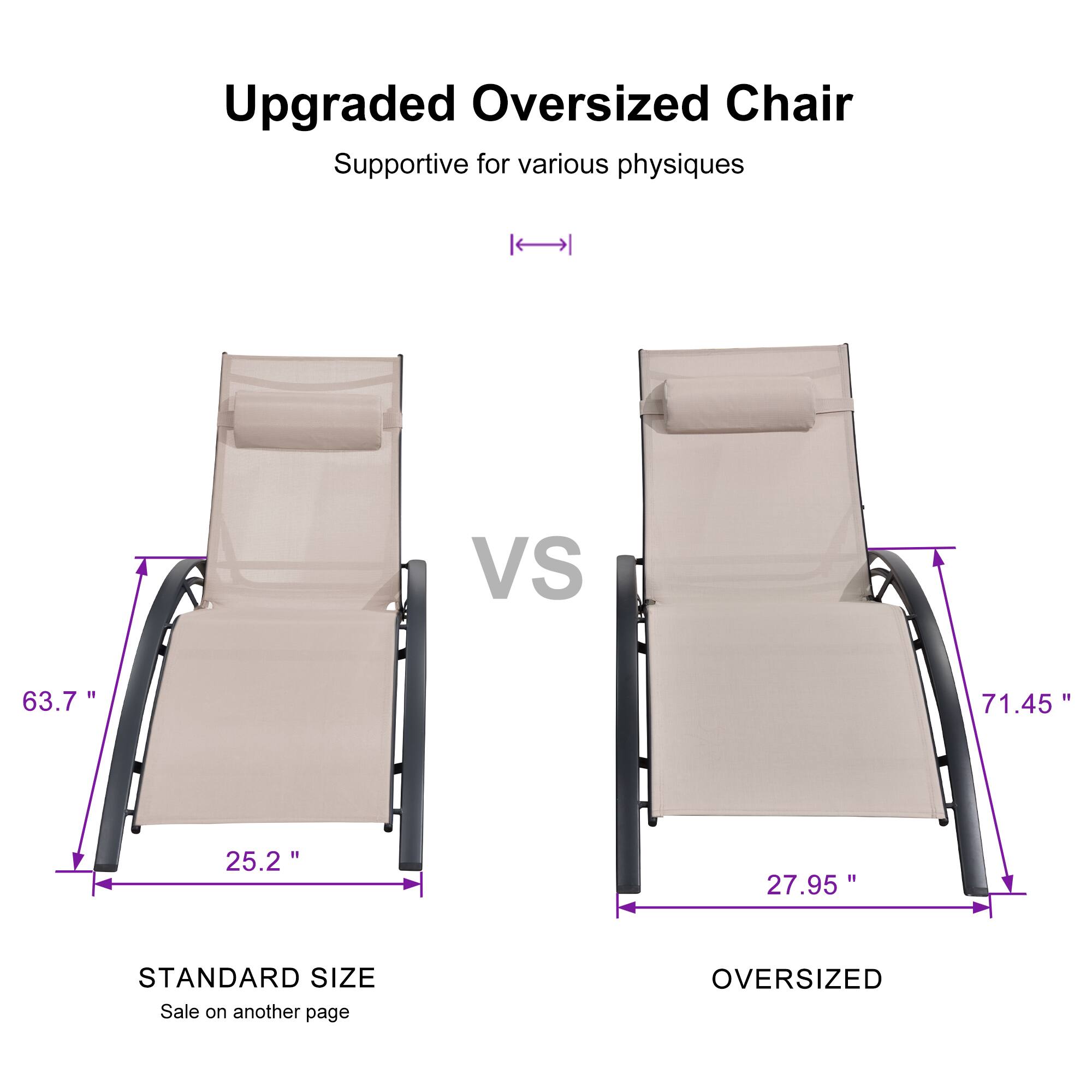 Upgraded Oversized Chair  
Supportive for various physiques  

STANDARD SIZE  
63.7"  
25.2"  
Sale on another page  

VS  

OVERSIZED  
71.45"  
27.95"