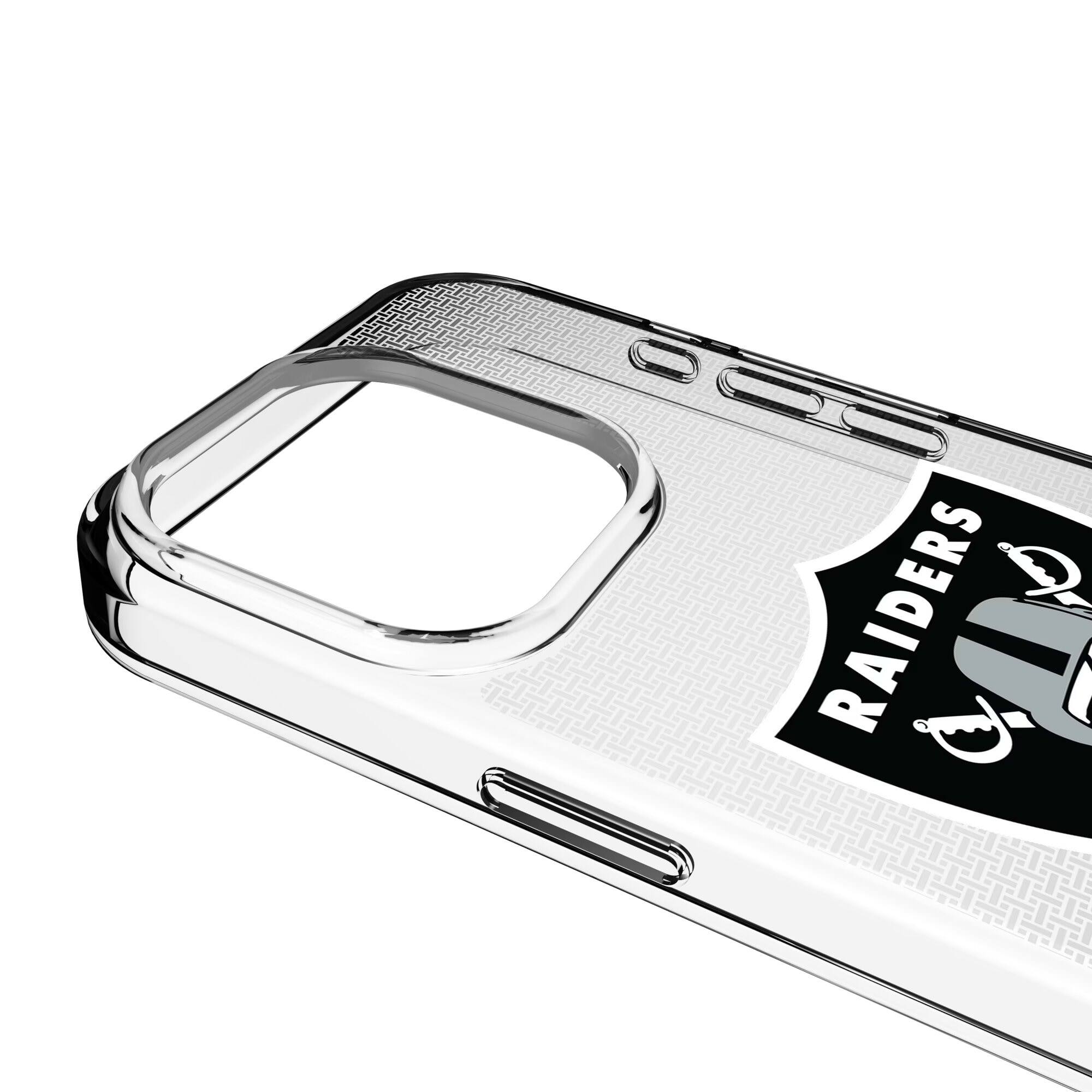 Alt View 2. Keyscaper - Las Vegas Raiders Linen Logo iPhone Clear Case - 14 Plus - Multicolor.