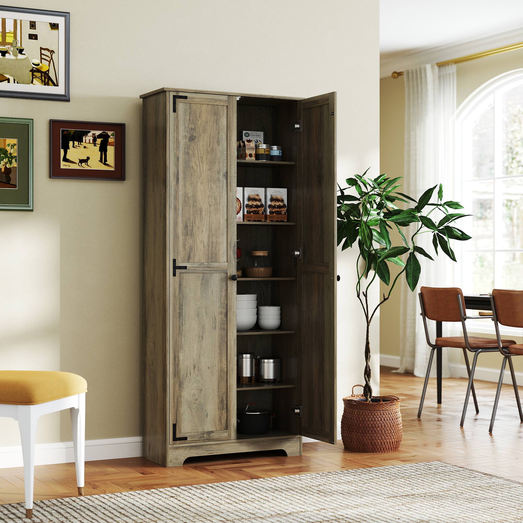 Alt View 1. Homcom - 72" Farmhouse Pantry Cabinet, Freestanding Food Pantry Cabinet with Adjustable Shelves - Grey.