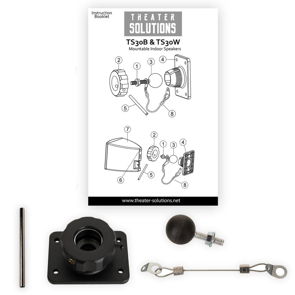 Instruction Booklet

THEATER SOLUTIONS

TS30B & TS30W  
Mountable Indoor Speakers

1.  
2.  
3.  
4.  
5.  
6.  
7.  
8.  

www.theater-solutions.net