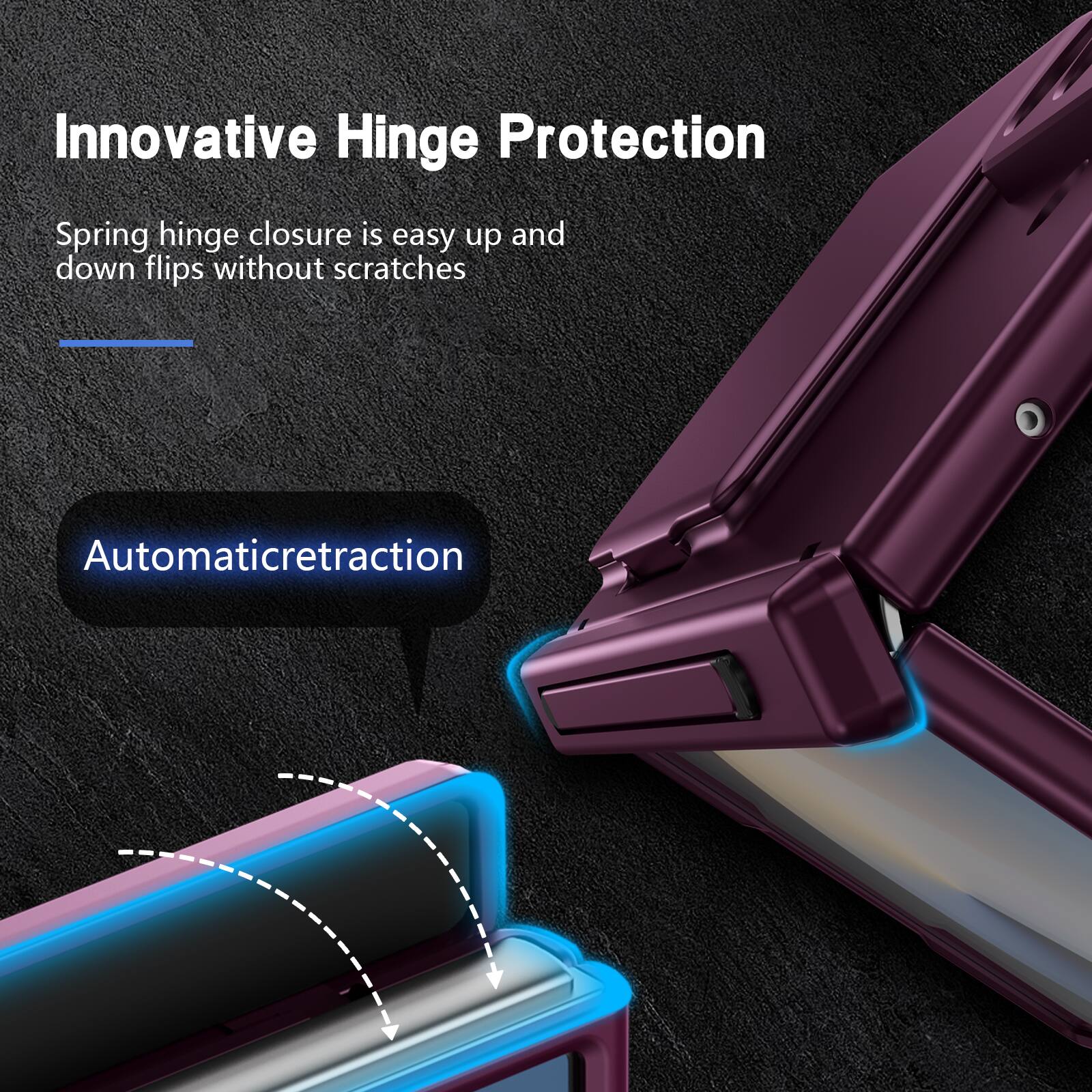 Innovative Hinge Protection

Spring hinge closure is easy up and down flips without scratches

Automatic retraction
