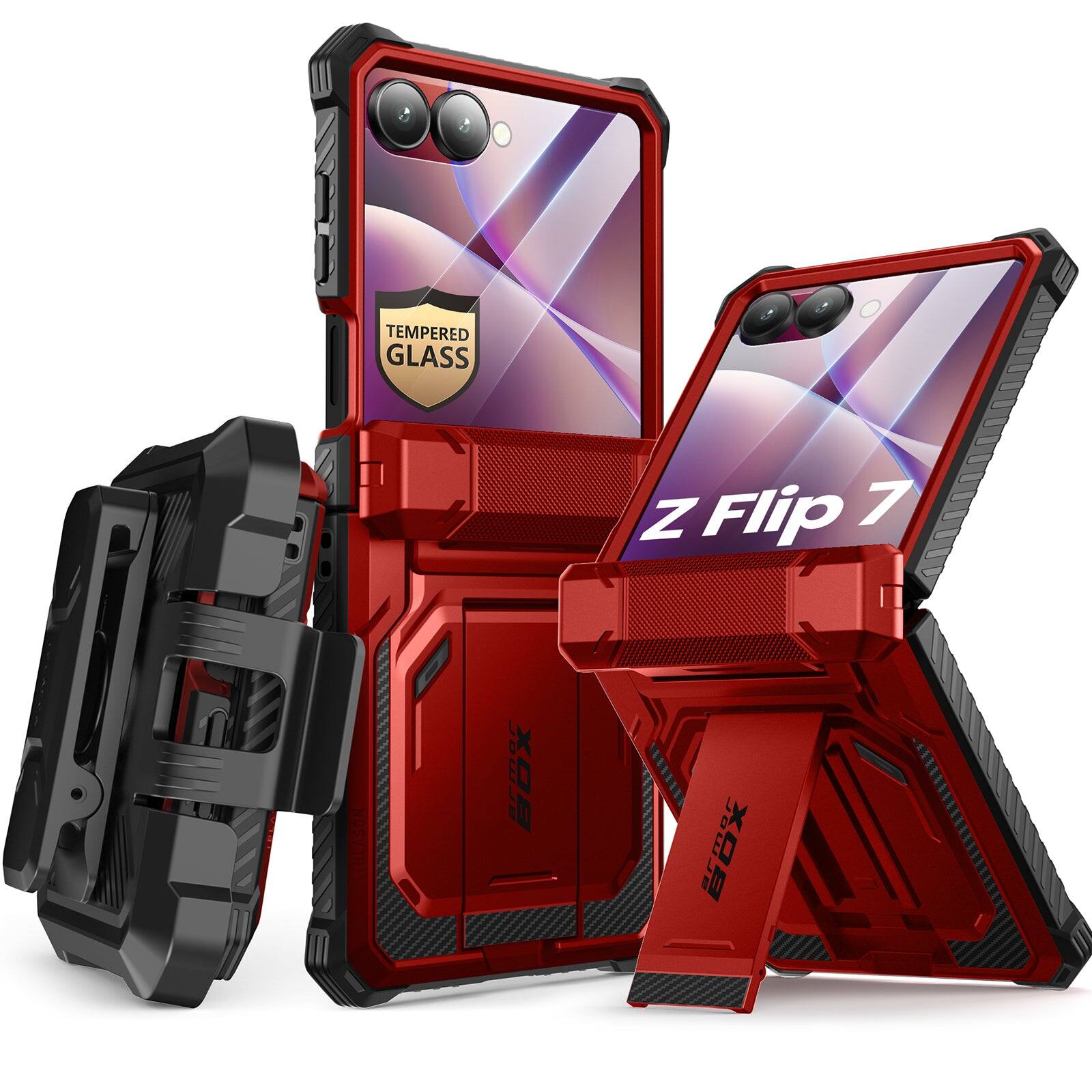 Left. i-Blason - i-Blason Armorbox Case for Samsung Z Flip7 – Kickstand, Screen Protector, Military-Grade - Metallic Red.