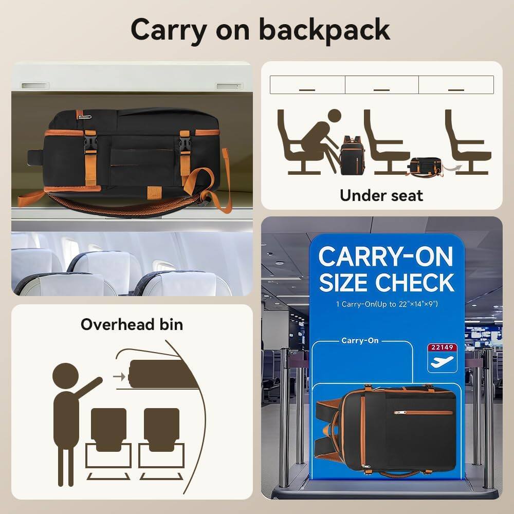 Carry on backpack

Under seat

Overhead bin

CARRY-ON SIZE CHECK

1 Carry-On (Up to 22"x14"x9")

22149