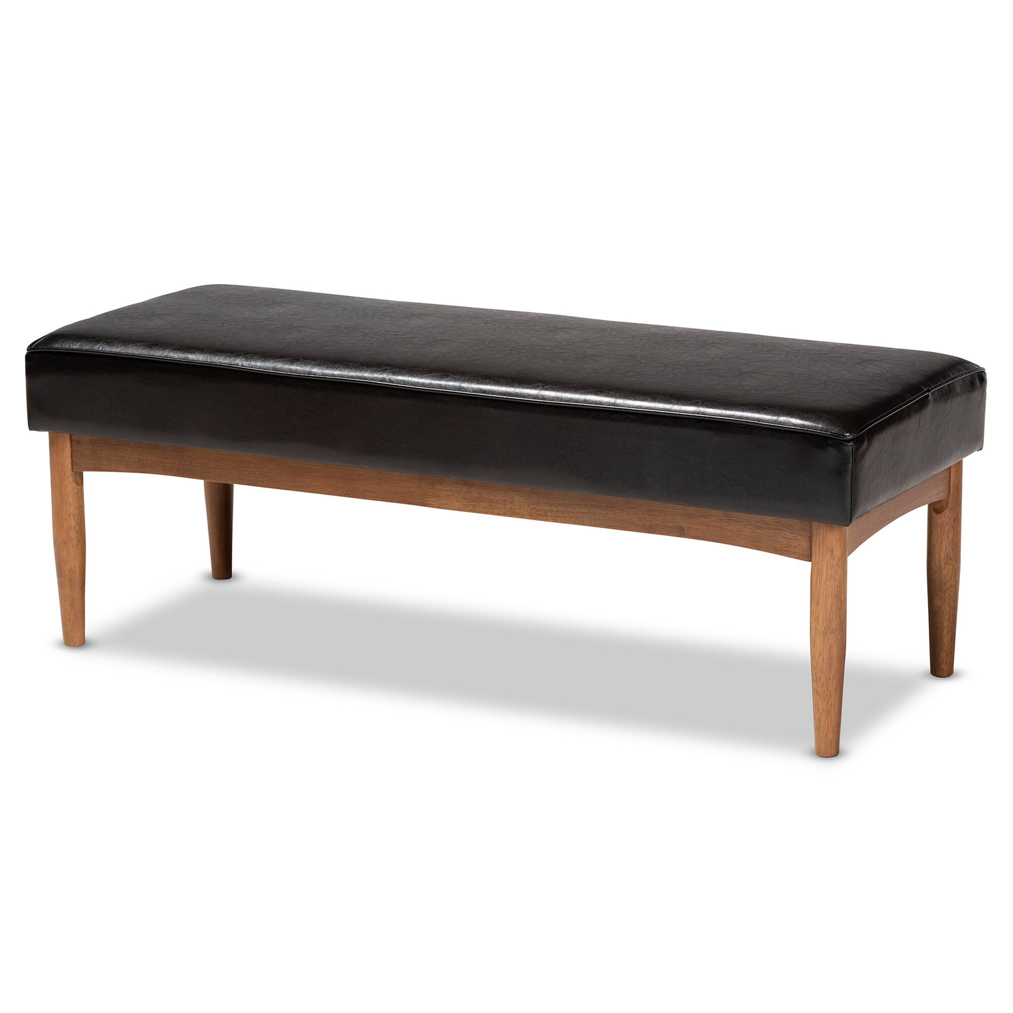 Front. Baxton Studio - Arvid Mid-Century Modern Faux Leather Upholstered Wood Dining Bench - Dark Brown/Walnut Brown.
