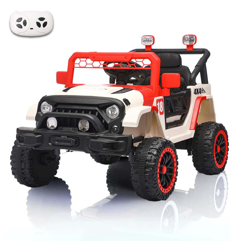 BreeBe - 12V Kids Ride-On Car with Parental Remote, Spring Suspension, LED Lights, Music Player, White/Red - White, Red