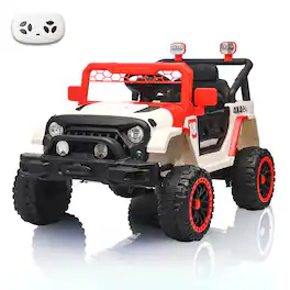 BreeBe - 12V Kids Ride-On Car with Parental Remote, Spring Suspension, LED Lights, Music Player, White/Red - White, Red