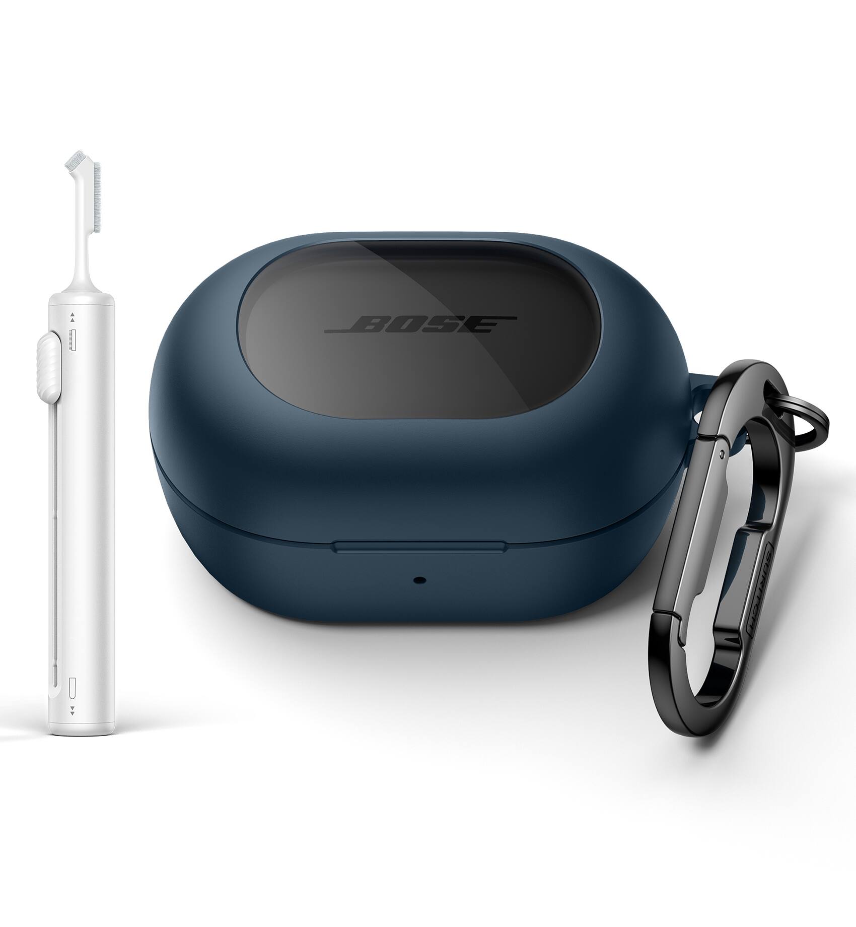 Angle. SURITCH - Case for Bose QuietComfort Earbuds (2024), Rugged Shockproof Cover with Magnetic Lok & Carabiner & Cleaning Kit - Blue.