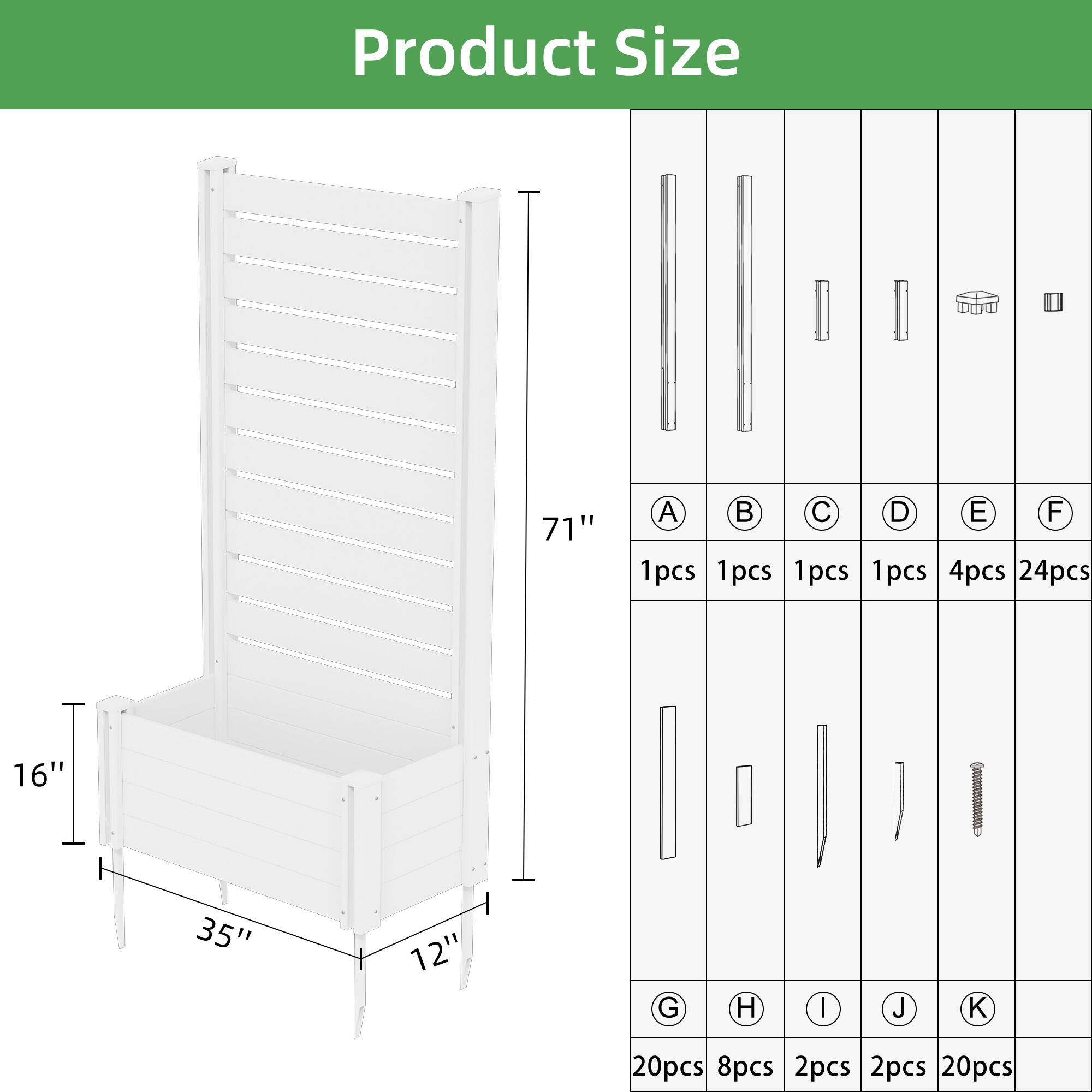 Product Size

- A: 1pcs
- B: 1pcs
- C: 1pcs
- D: 1pcs
- E: 4pcs
- F: 24pcs

- G: 20pcs
- H: 8pcs
- I: 2pcs
- J: 2pcs
- K: 20pcs

Dimensions:
- Height: 71"
- Width: 35"
- Depth: 16"
- Leg Width: 12"