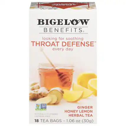 BIGELOW
BENEFITS®
looking for soothing
THROAT DEFENSE™
every day
GINGER
HONEY LEMON
HERBAL TEA
NON GMO Project VERIFIED
nongmoproject.org
NATURALLY FLAVORED
CAFFEINE FREE
18 TEA BAGS - 1.06 oz (30g)