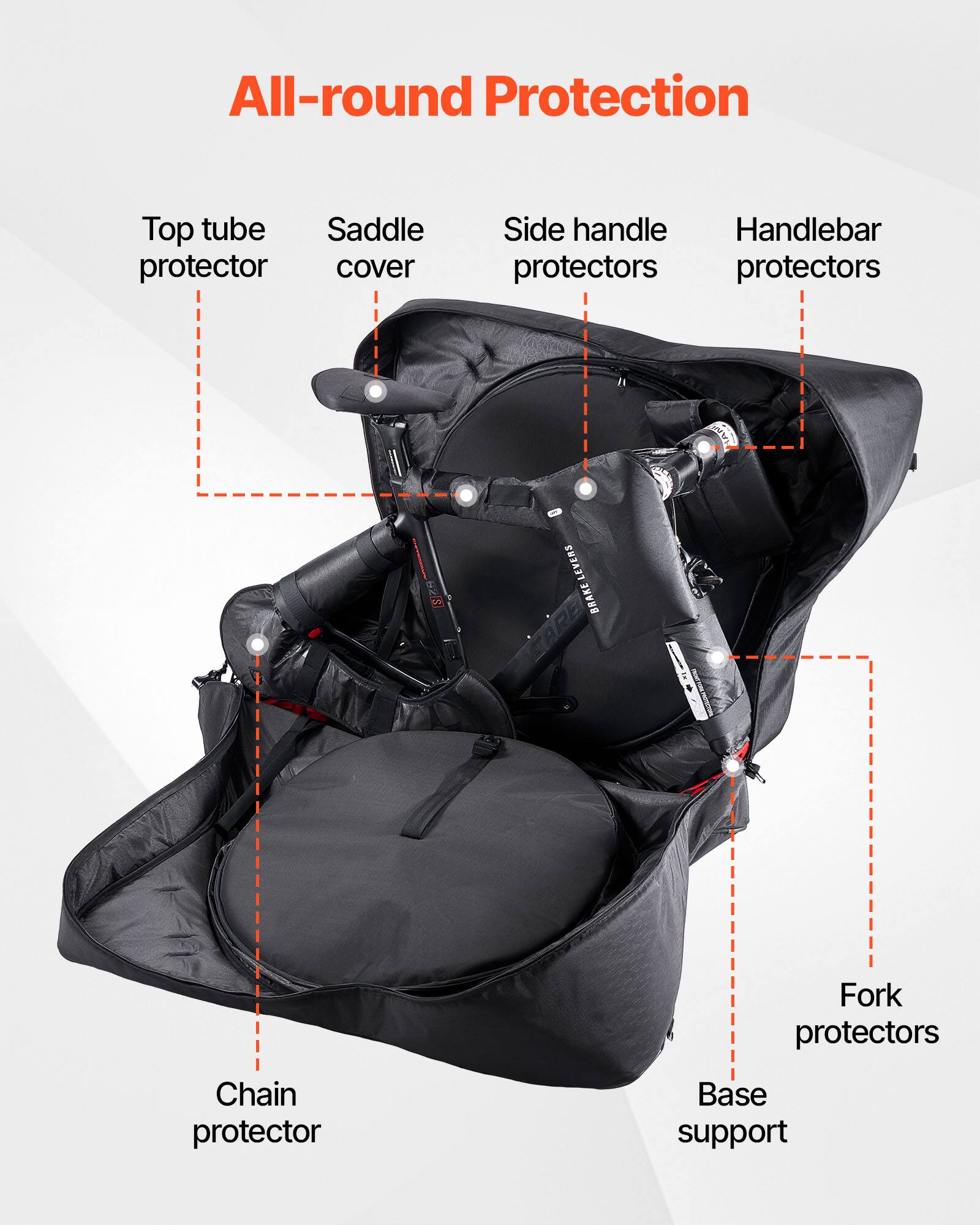 All-round Protection  
Top tube protector  
Saddle cover  
Side handle protectors  
Handlebar protectors  
Fork protectors  
Chain protector  
Base support