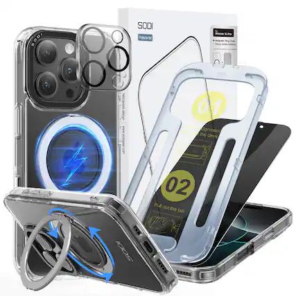 The image features a collection of iPhone accessories, including a case, screen protector, and camera lens. The case is designed by Sodi and is available in a variety of colors. The screen protector is made of tempered glass and is compatible with the iPhone 16 Pro Max. The camera lens is a wide-angle lens that can be used with the iPhone to capture better photos. The image also includes a box, which may contain additional accessories or instructions for using the products.