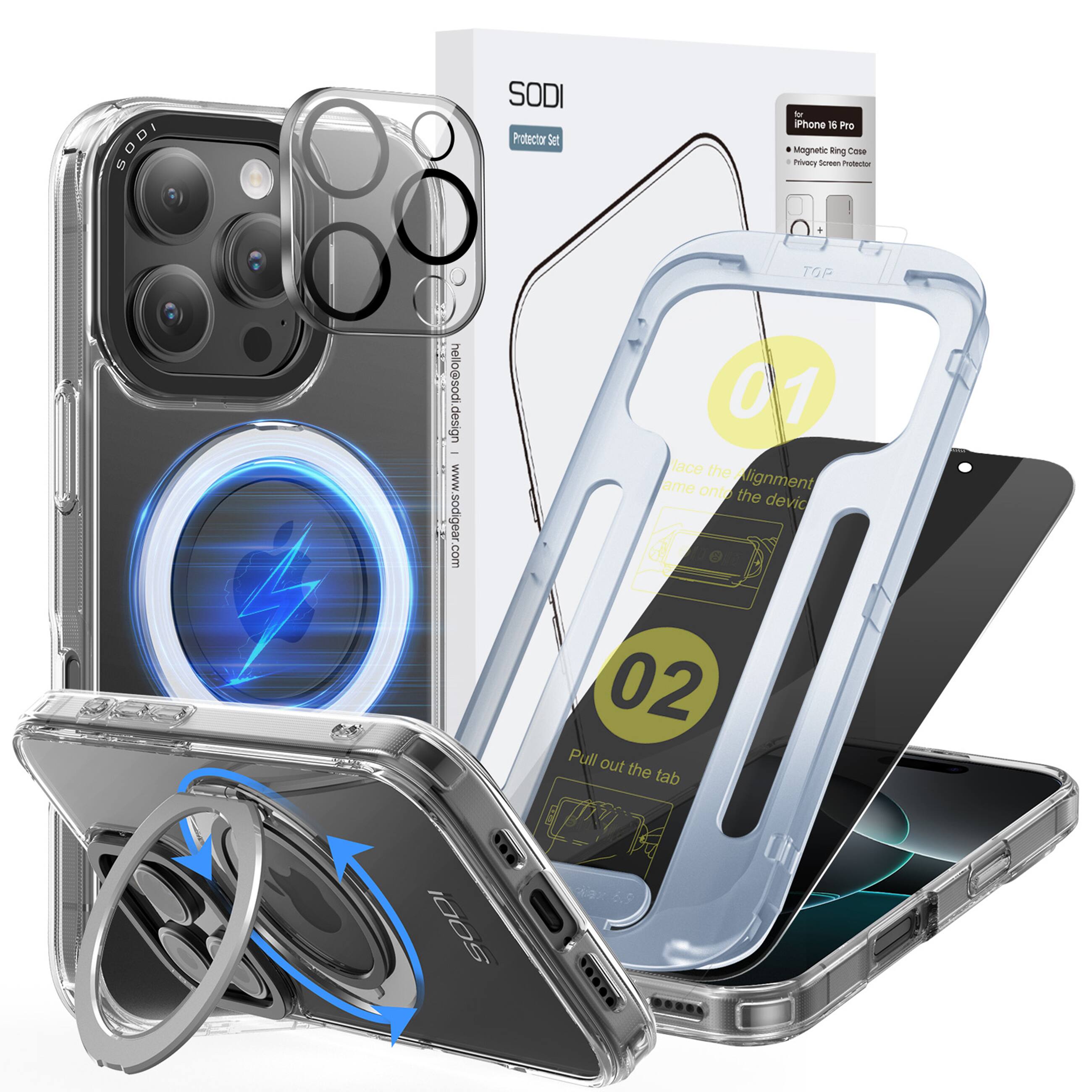 Sodi - 3-in-1 for iPhone 16 Pro 360° Rotatable Magnetic Ring Stand Case with Privacy Screen Protector & Camera Lens Protector - Clear