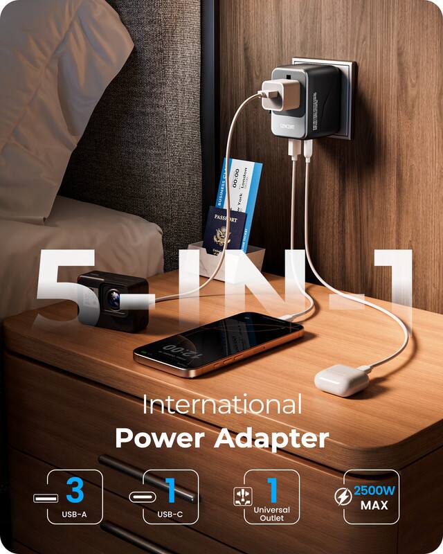 LENCENT  
00:00 London BUSINESS York  
12:00  
5-IN-1  
International Power Adapter  
3 USB-A  
1 USB-C  
1 Universal Outlet  
2500W MAX