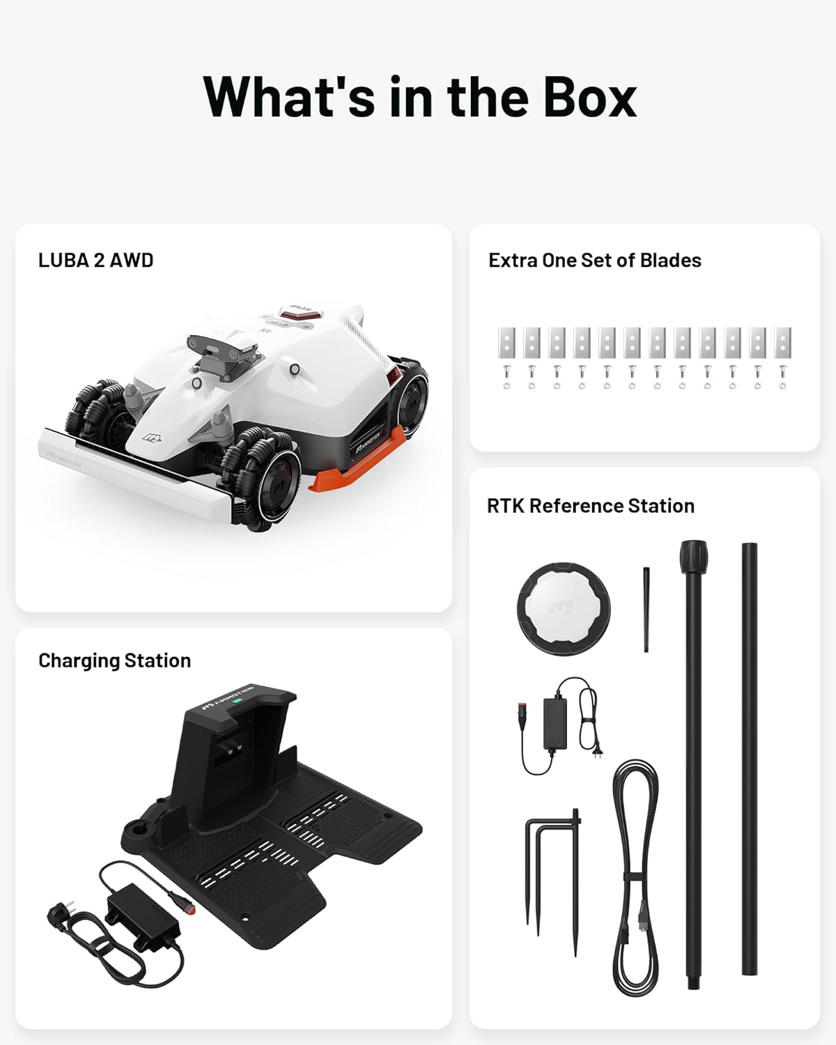 What's in the Box:

- LBU 2 AWD
- Extra One Set of Blades
- RTK Reference Station
- Charging Station