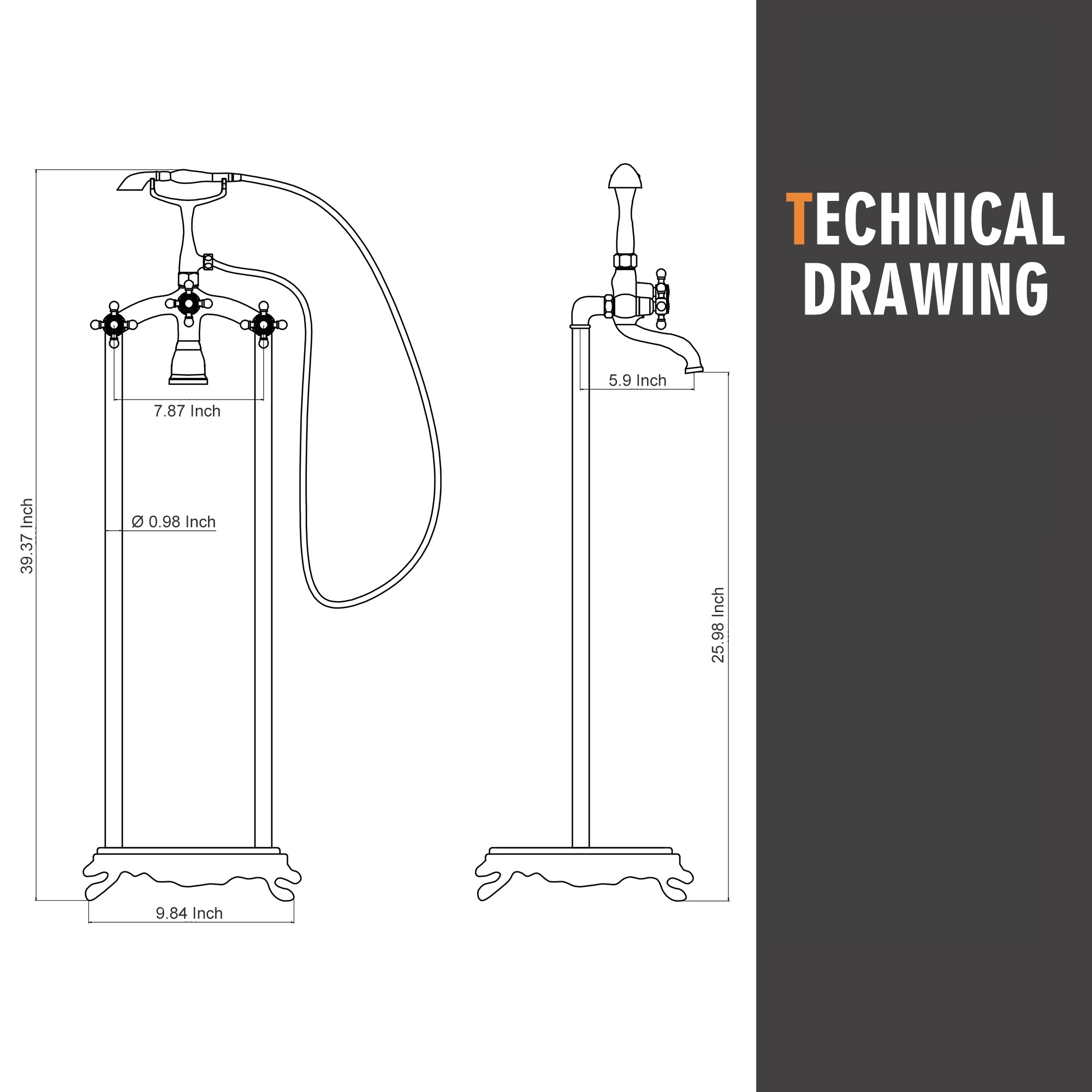 TECHNICAL DRAWING, 5.9 Inch, 7.87 Inch, 39.37 Inch, 0.98 Inch, 25.98 Inch, 9.84 Inch