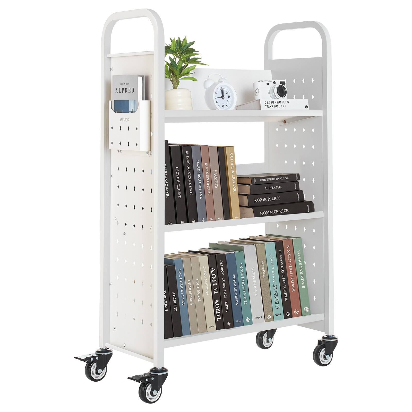 VEVOR - Rolling Library Book Cart, 330 lbs Capacity, 30.3 x 15 x 48.0-Inch Library Cart, Single Sided V-Shaped Shelves - White
