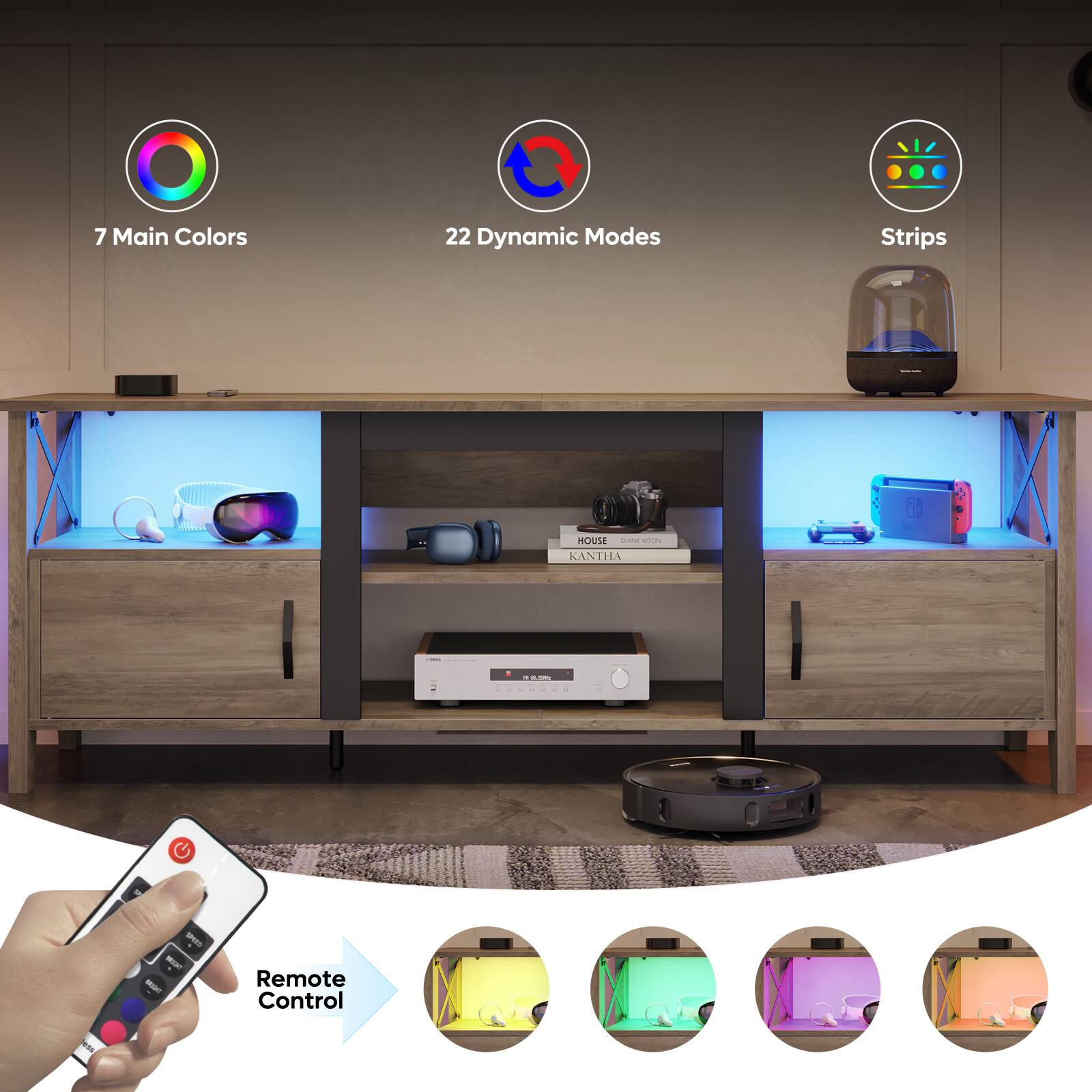 The image features a modern entertainment center with a television and a remote control. The remote control is being used to change the TV's settings, and there are 7 main colors and 22 dynamic modes available for the user to choose from. Additionally, the entertainment center has a shelf with a robot on it, and there are several books placed nearby. The overall scene is designed to provide a comfortable and enjoyable viewing experience for the user.