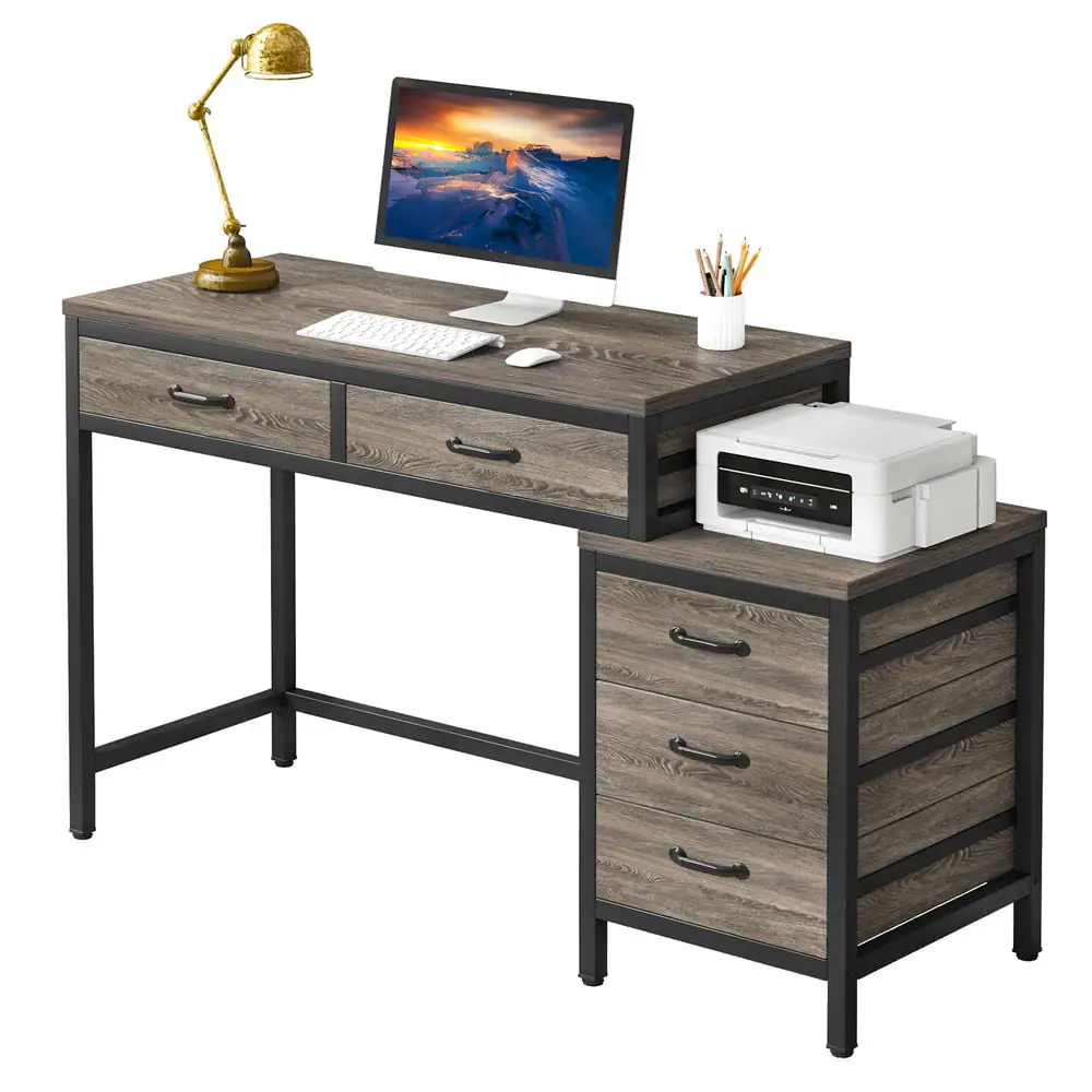 Kadyn - Study Writing Desk, 5-Drawer Computer Desk with Reversible Drawer Cabinet,Grey - Gray