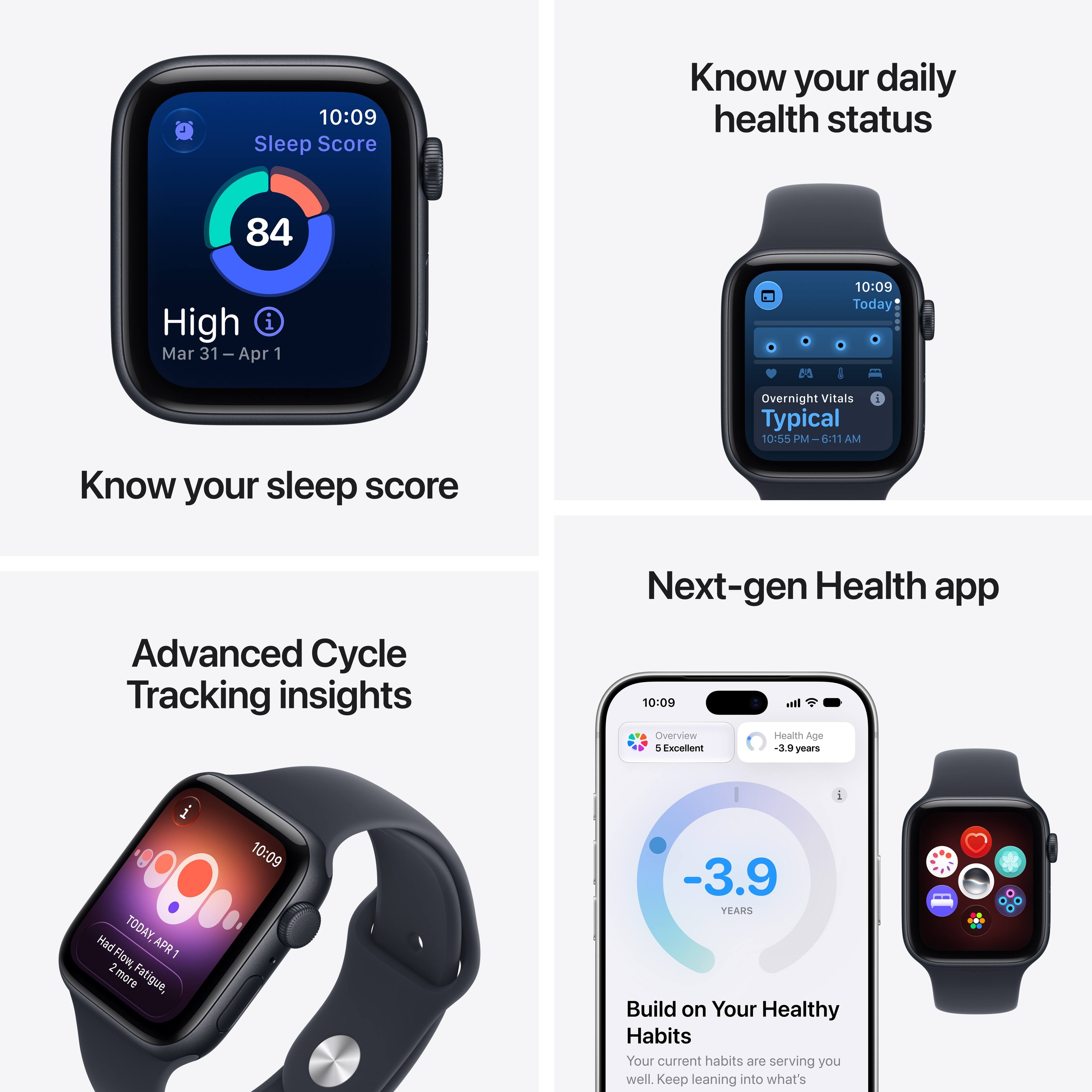 10:09 Sleep Score  
Know your daily health status  
84  
High  
Mar 31-Apr 1  

10:09 Today  
Overnight Vitals Typical  
10:55 PM - 6:11 AM  

Know your sleep score  
Advanced Cycle Tracking insights  
Next-gen Health app  

10:09 Overview  
Health Age 5 Excellent  
-3.9 years  

10:09 Had Flow APR 1  
2 more Fatigue,  
-3.9 YEARS  

Build on Your Healthy Habits  
Your current habits are serving you well. Keep leaning into what's