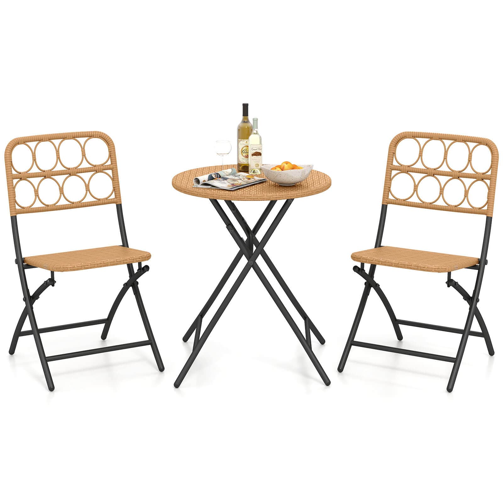 Costway - 3 PCS Patio Bistro Set with Wicker Seat & Tabletop for Backyard, Garden, Balcony - Brown