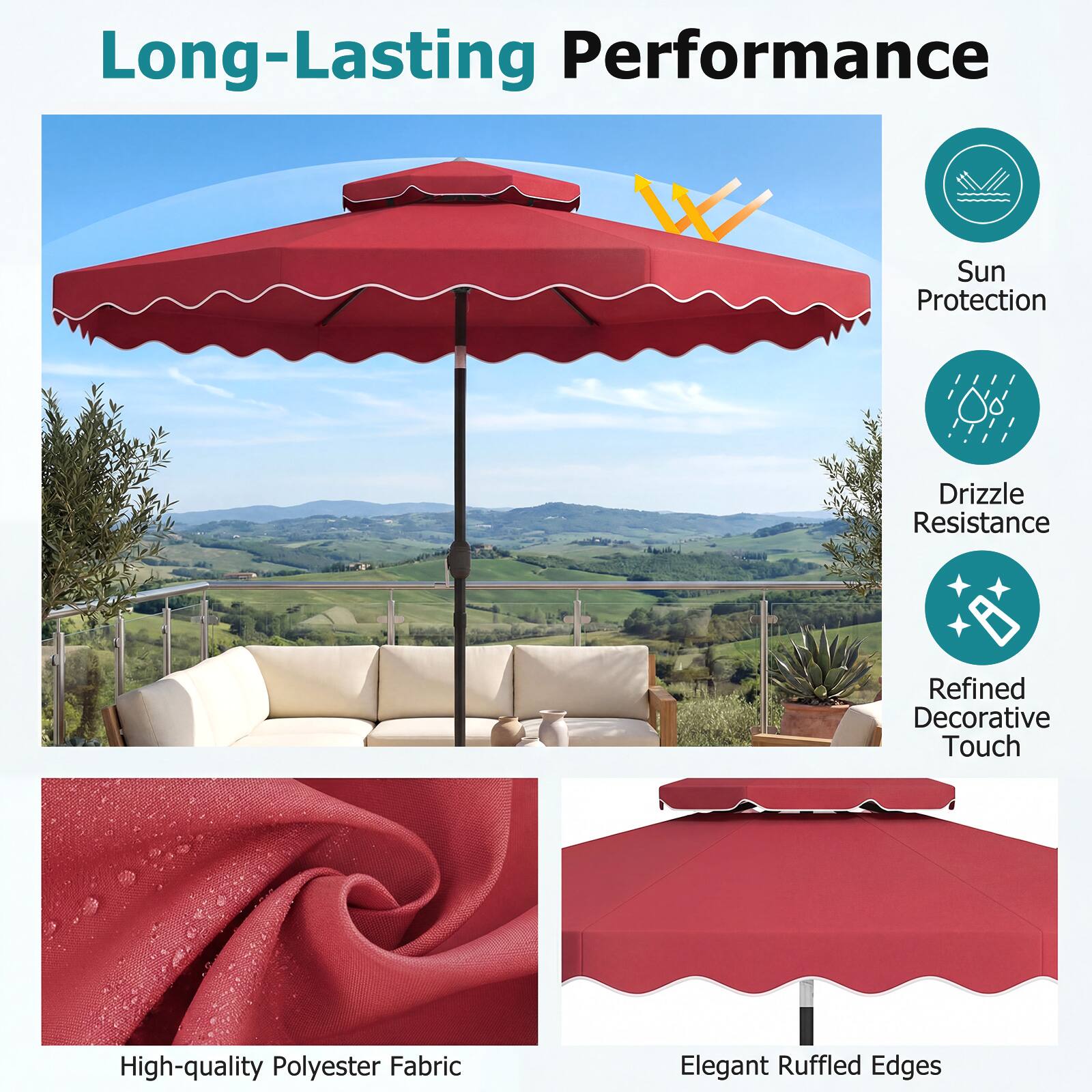 Long-Lasting Performance  
Sun Protection  
Drizzle Resistance  
Refined Decorative Touch  
High-quality Polyester Fabric  
Elegant Ruffled Edges
