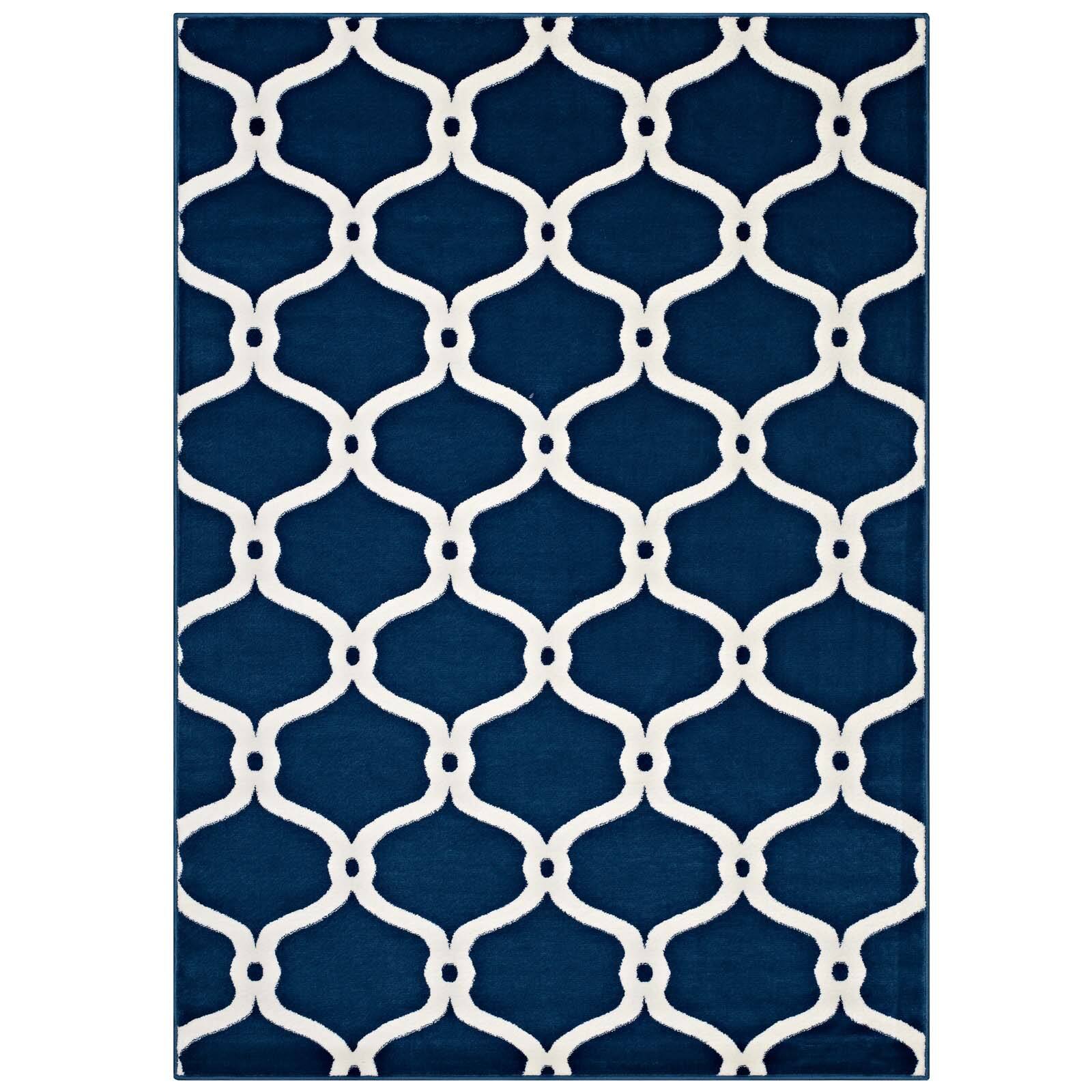 Angle. Modway - Beltara Chain Link Transitional Trellis Area Rug - Moroccan Blue and Ivory.