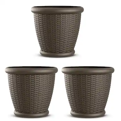 Front. Suncast - Suncast Willow 18" Plastic Decorative Wicker Patio Planter Pot, Java (3 Pack) - Java.