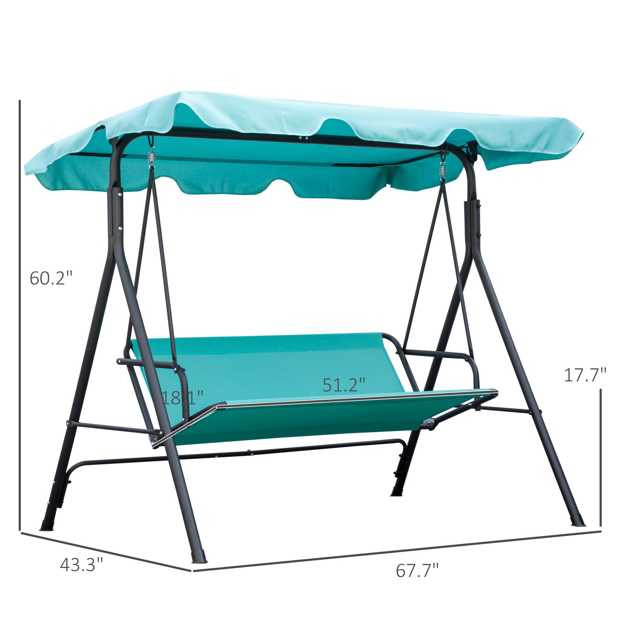 The dimensions of the hammock stand are:

- Height: 60.2"
- Width: 67.7"
- Depth: 43.3"
- Seat width: 51.2"
- Seat height from the ground: 17.7"
- Height of the canopy: 18.1"