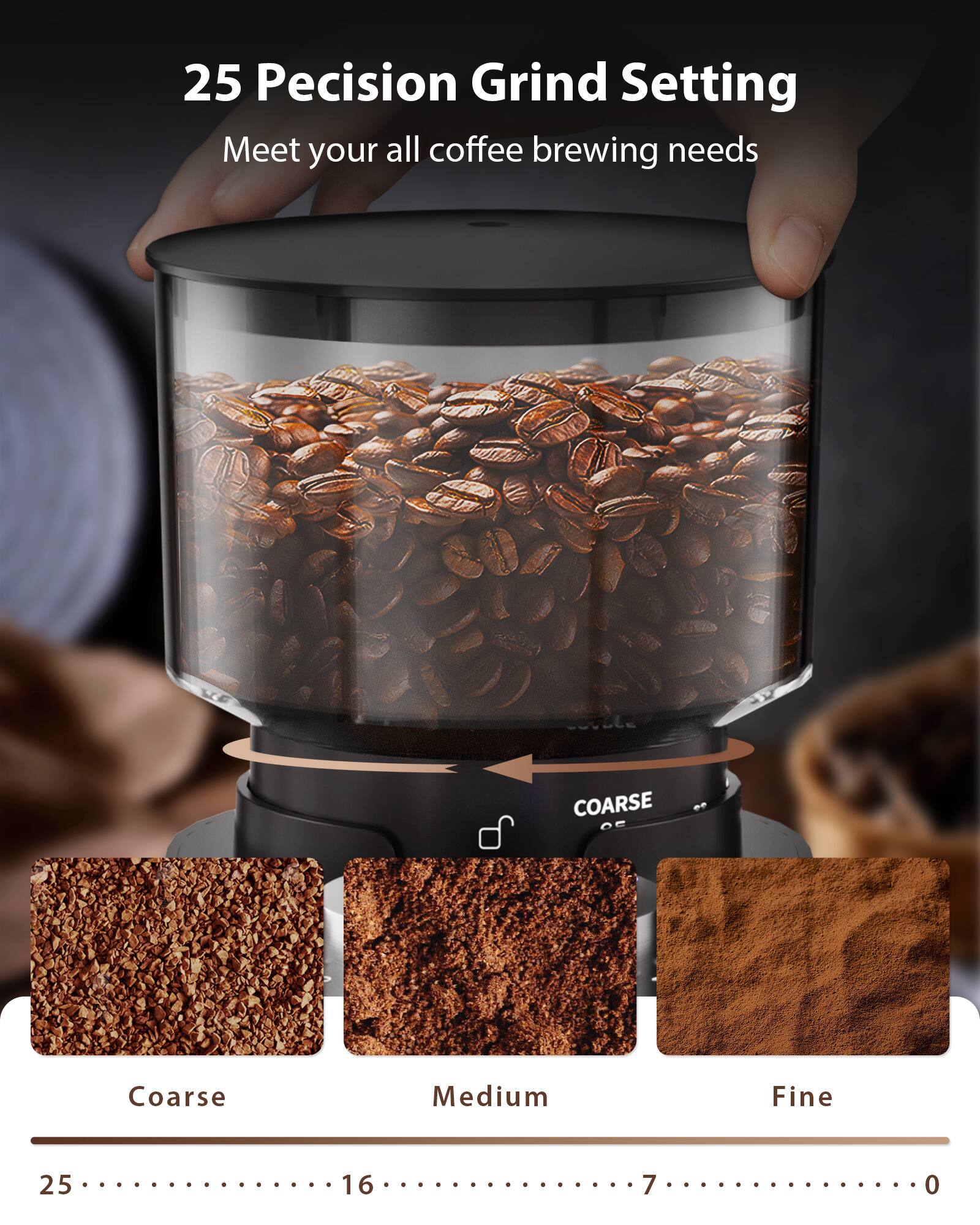 25 Precision Grind Setting  
Meet your all coffee brewing needs  

COARSE  
Coarse  
Medium  
Fine  

25  
16  
7  
0