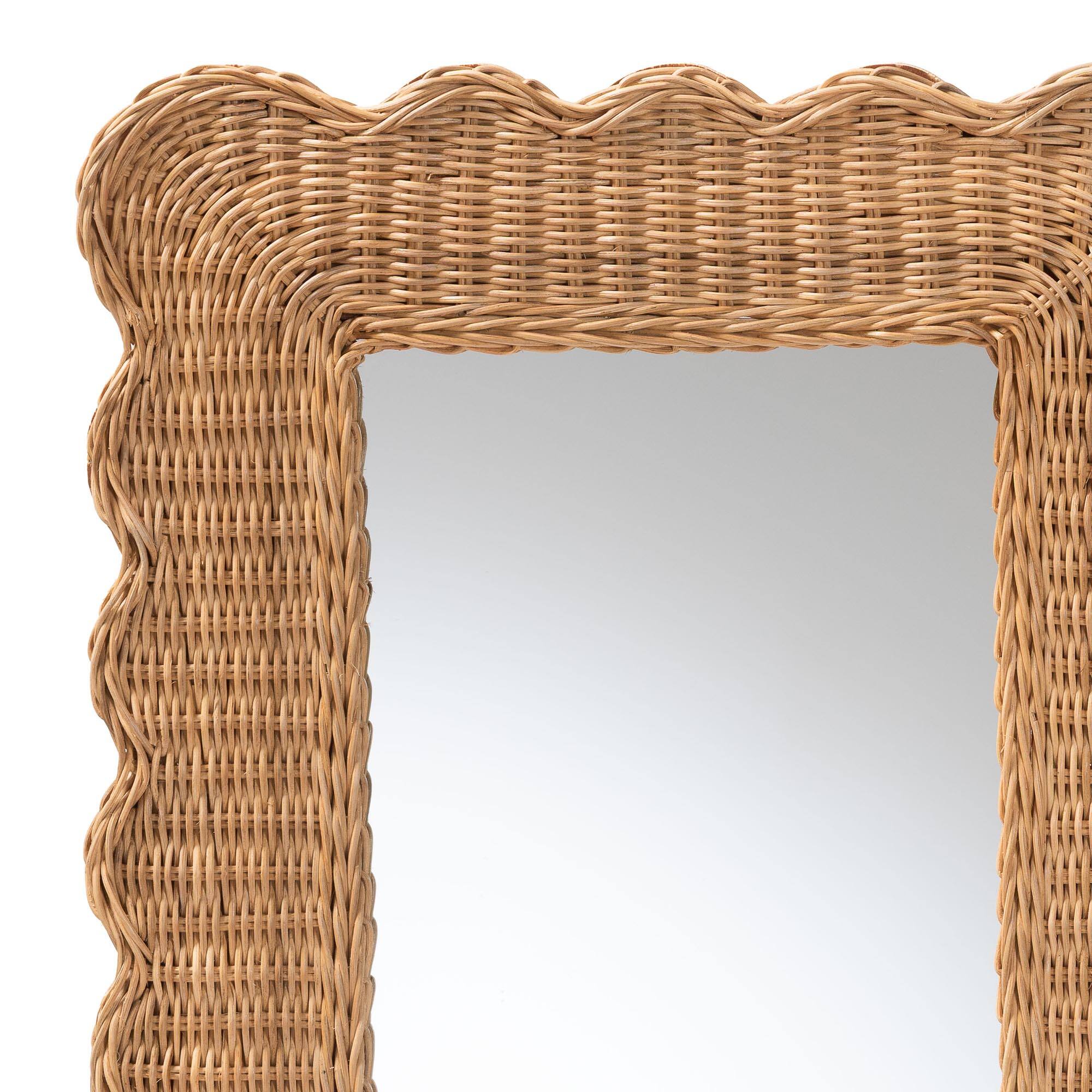 Angle. bali & pari - Makoto Scalloped Natural Rattan Wall Mirror - Handwoven Wicker Rectangle Frame, Boho Coastal Accent Wall Décor - Honey.